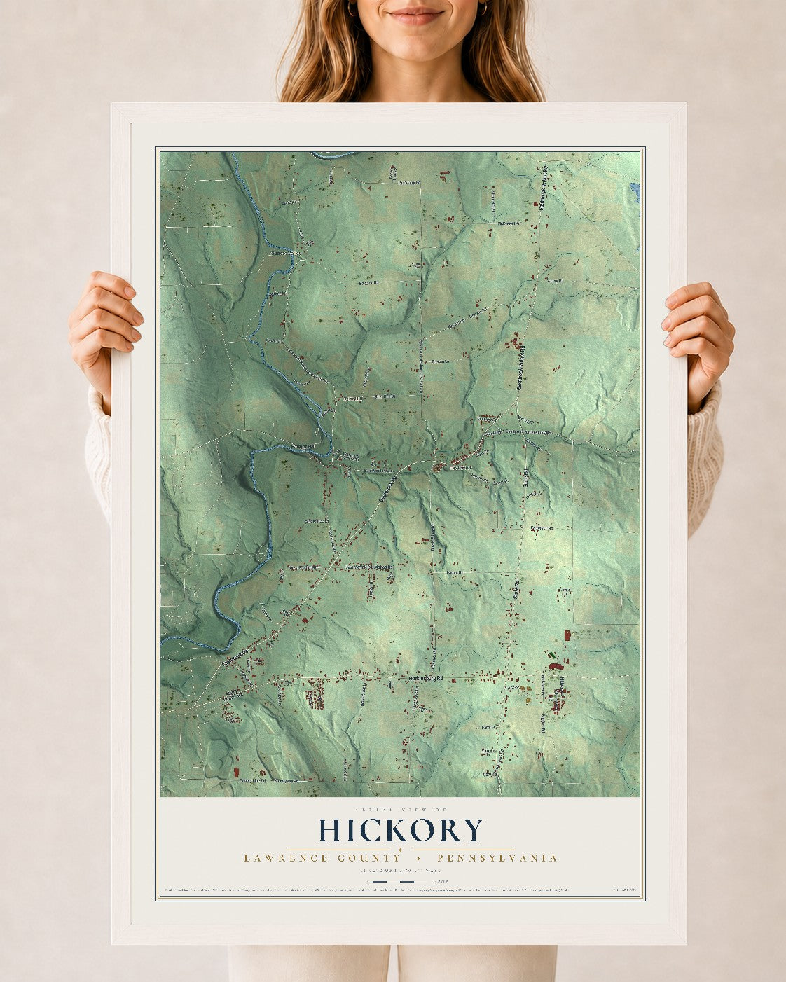 Map of Hickory, Lawrence County, Pennsylvania, 24 x 36 inch print in a white wood frame