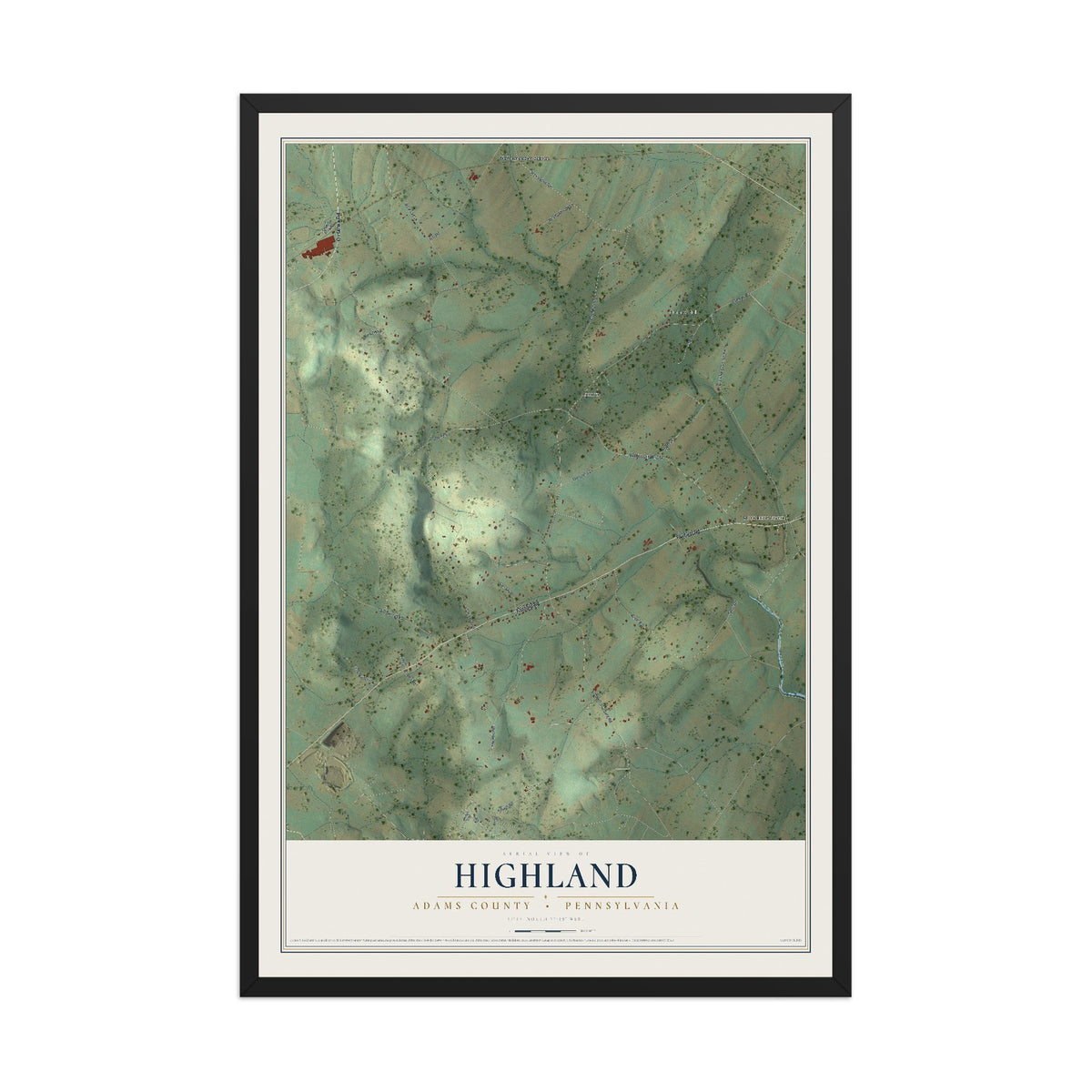Map of Highland, Adams County, Pennsylvania, 12 x 18 inch print in a black wood frame