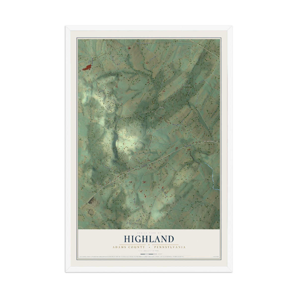 Map of Highland, Adams County, Pennsylvania, 12 x 18 inch print in a white wood frame