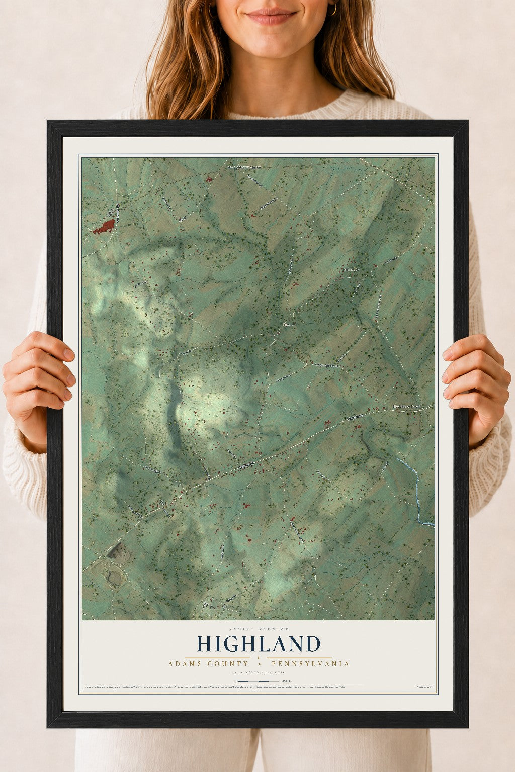 Map of Highland, Adams County, Pennsylvania, 18 x 24 inch print in a black wood frame