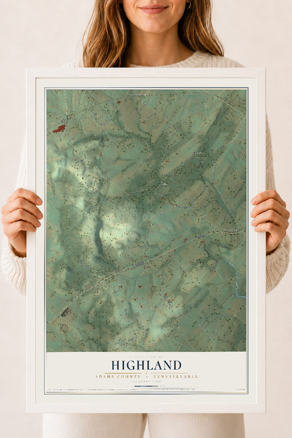 Map of Highland, Adams County, Pennsylvania, 18 x 24 inch print in a white wood frame