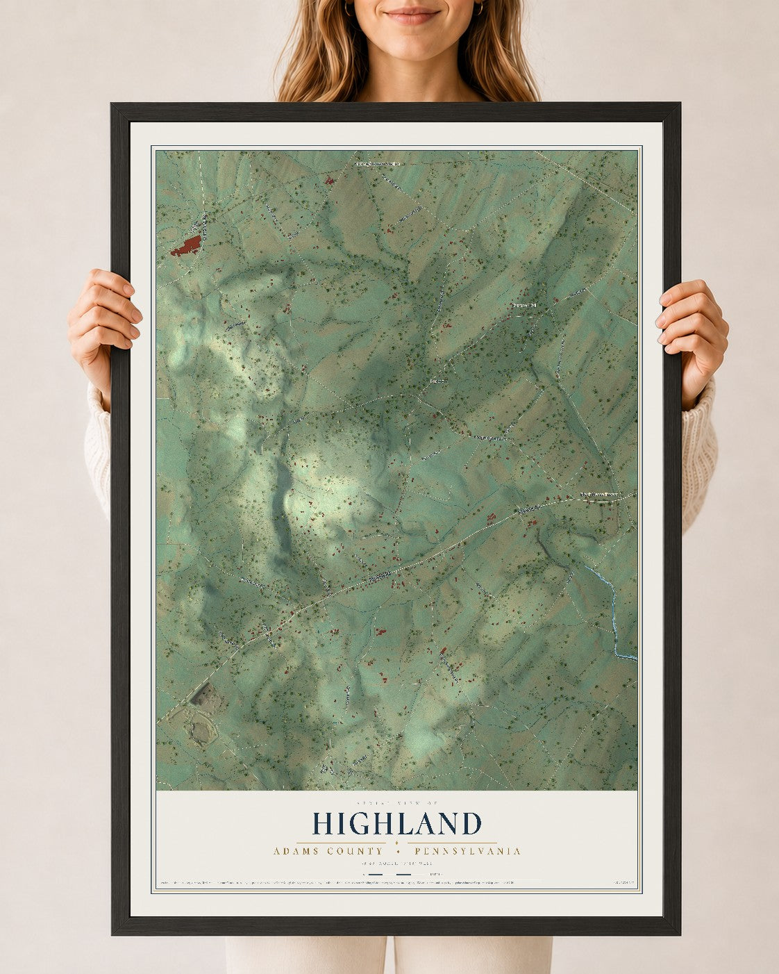 Map of Highland, Adams County, Pennsylvania, 24 x 36 inch print in a black wood frame