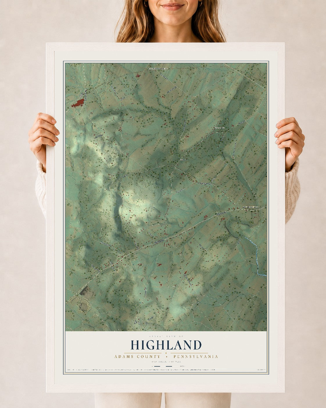 Map of Highland, Adams County, Pennsylvania, 24 x 36 inch print in a white wood frame