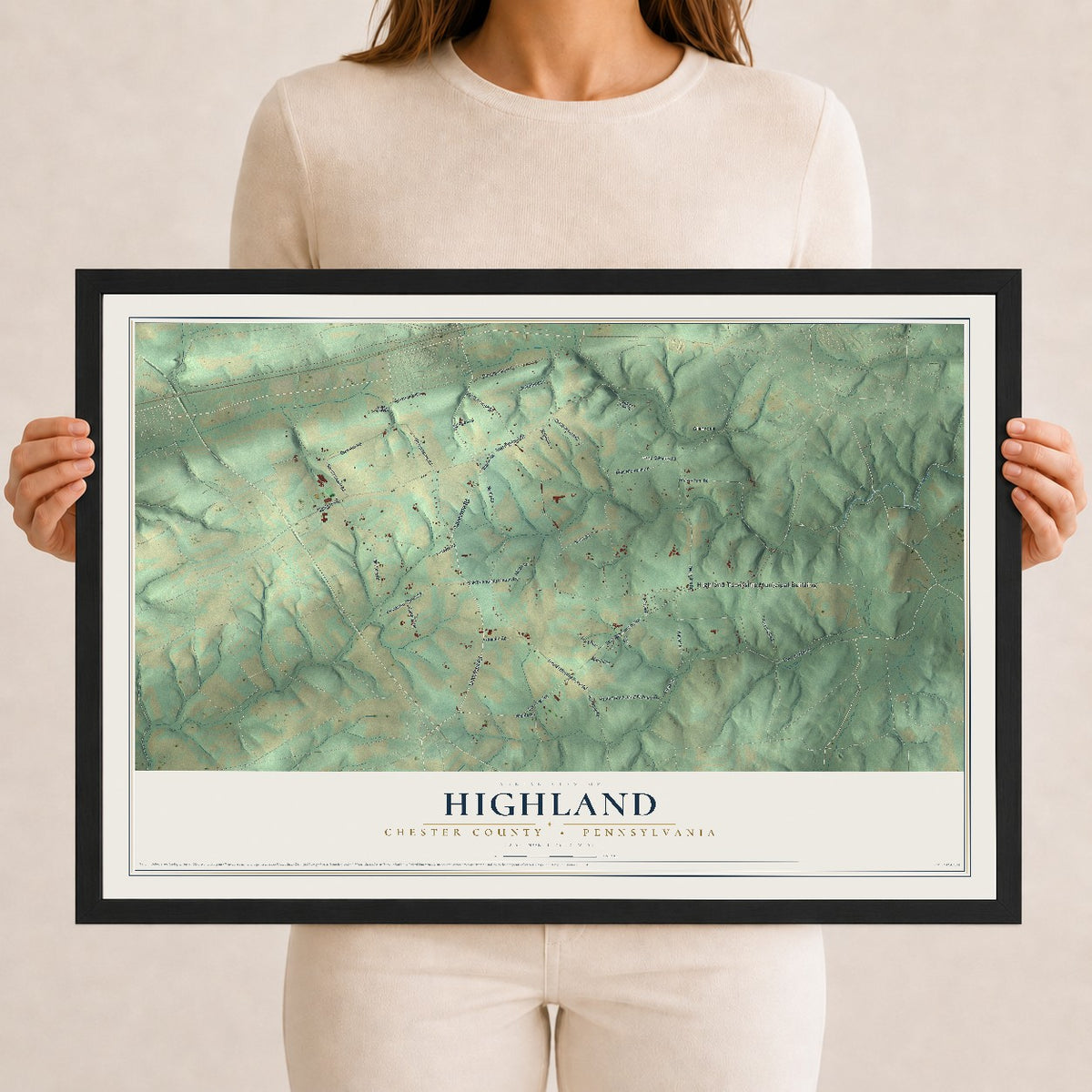 Map of Highland, Chester County, Pennsylvania, 12 x 18 inch print in a black wood frame