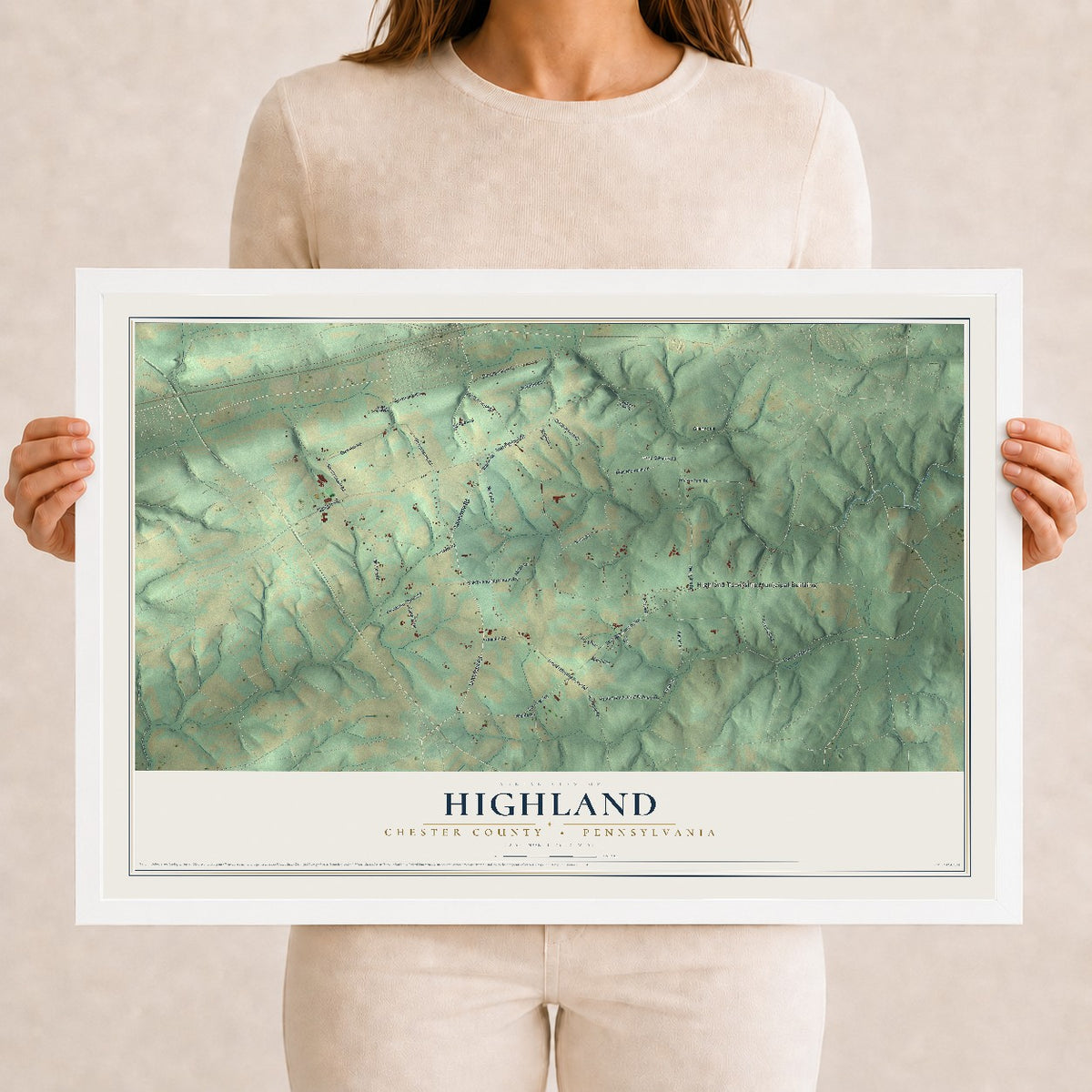 Map of Highland, Chester County, Pennsylvania, 12 x 18 inch print in a white wood frame