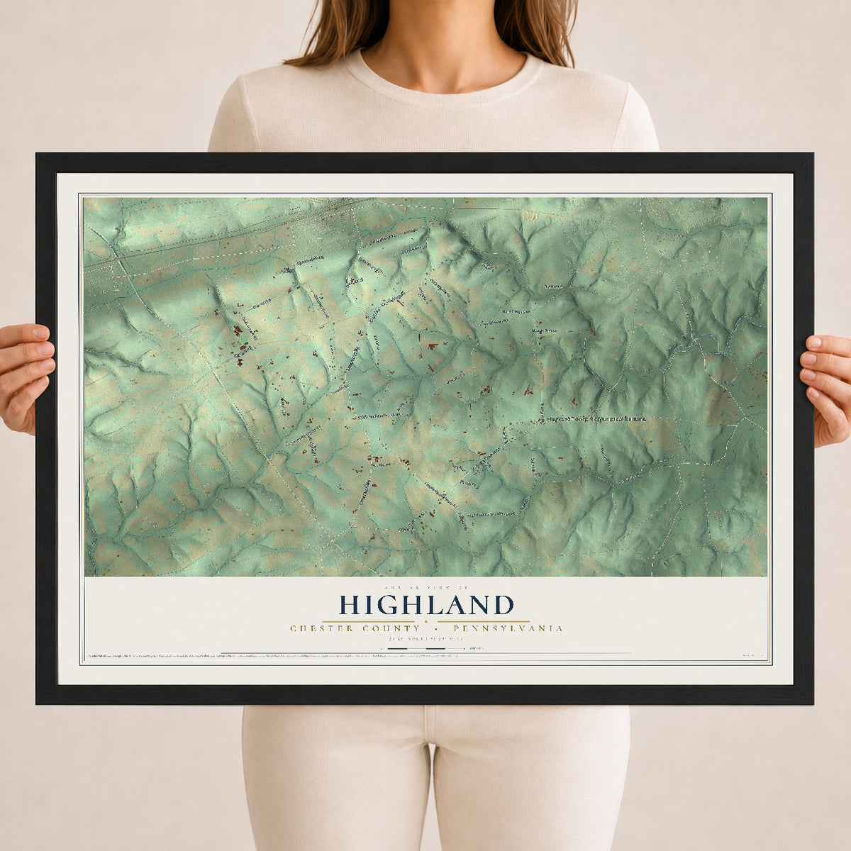 Map of Highland, Chester County, Pennsylvania, 18 x 24 inch print in a black wood frame