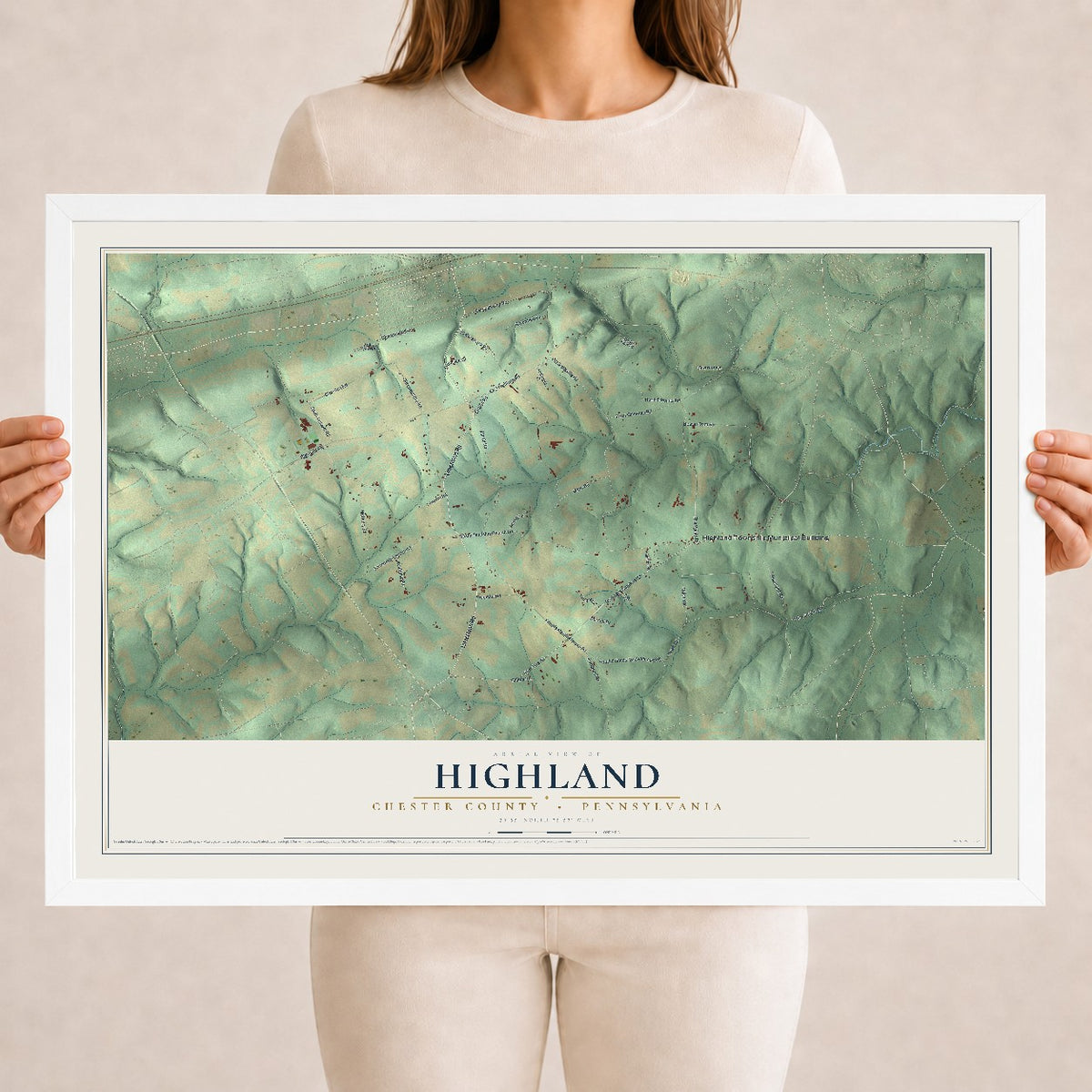 Map of Highland, Chester County, Pennsylvania, 18 x 24 inch print in a white wood frame