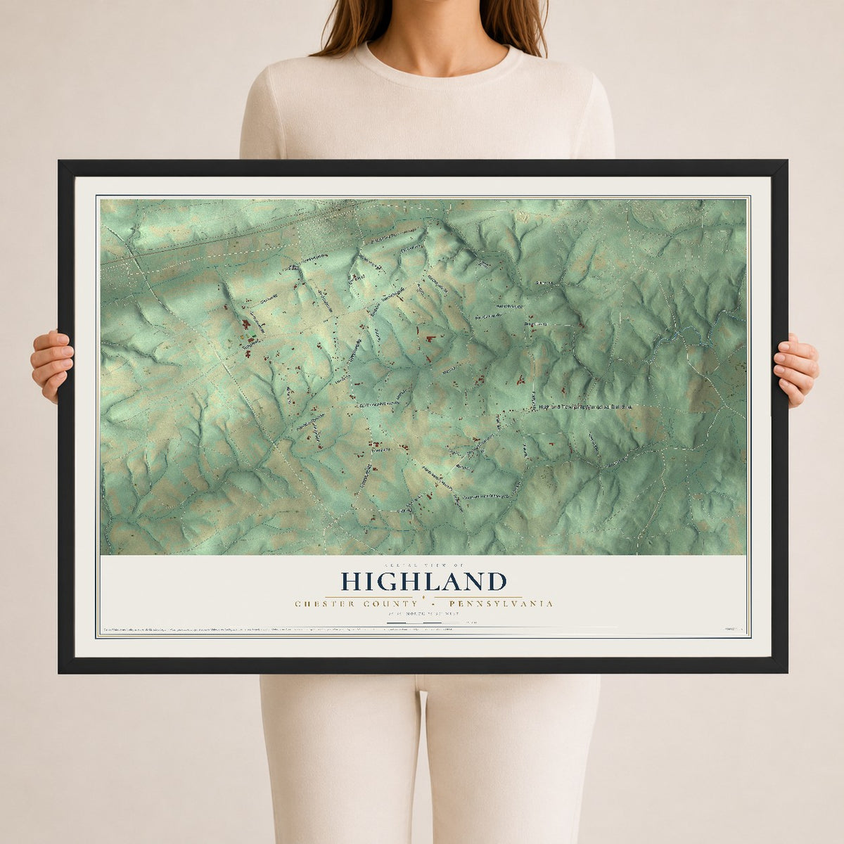 Map of Highland, Chester County, Pennsylvania, 24 x 36 inch print in a black wood frame