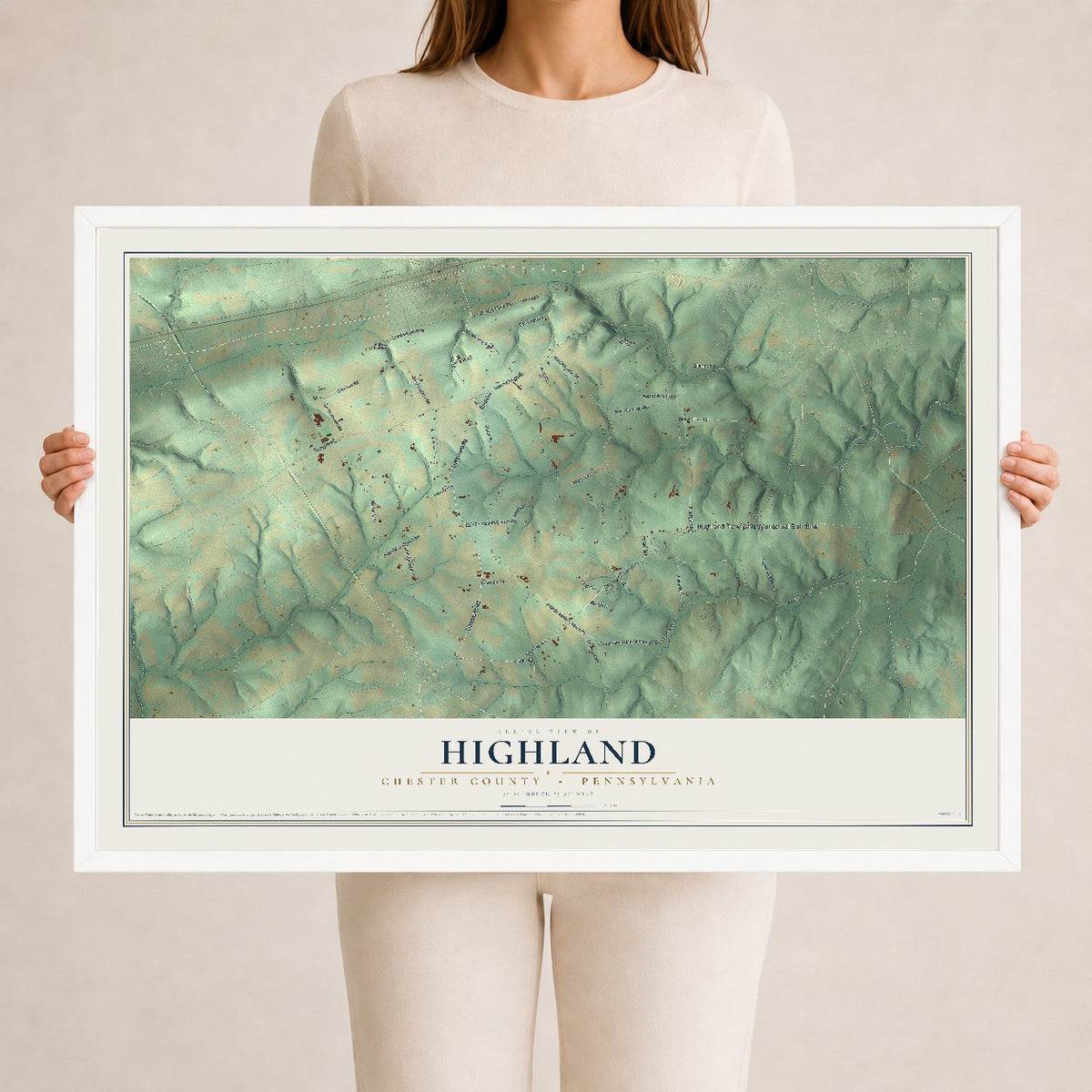 Map of Highland, Chester County, Pennsylvania, 24 x 36 inch print in a white wood frame