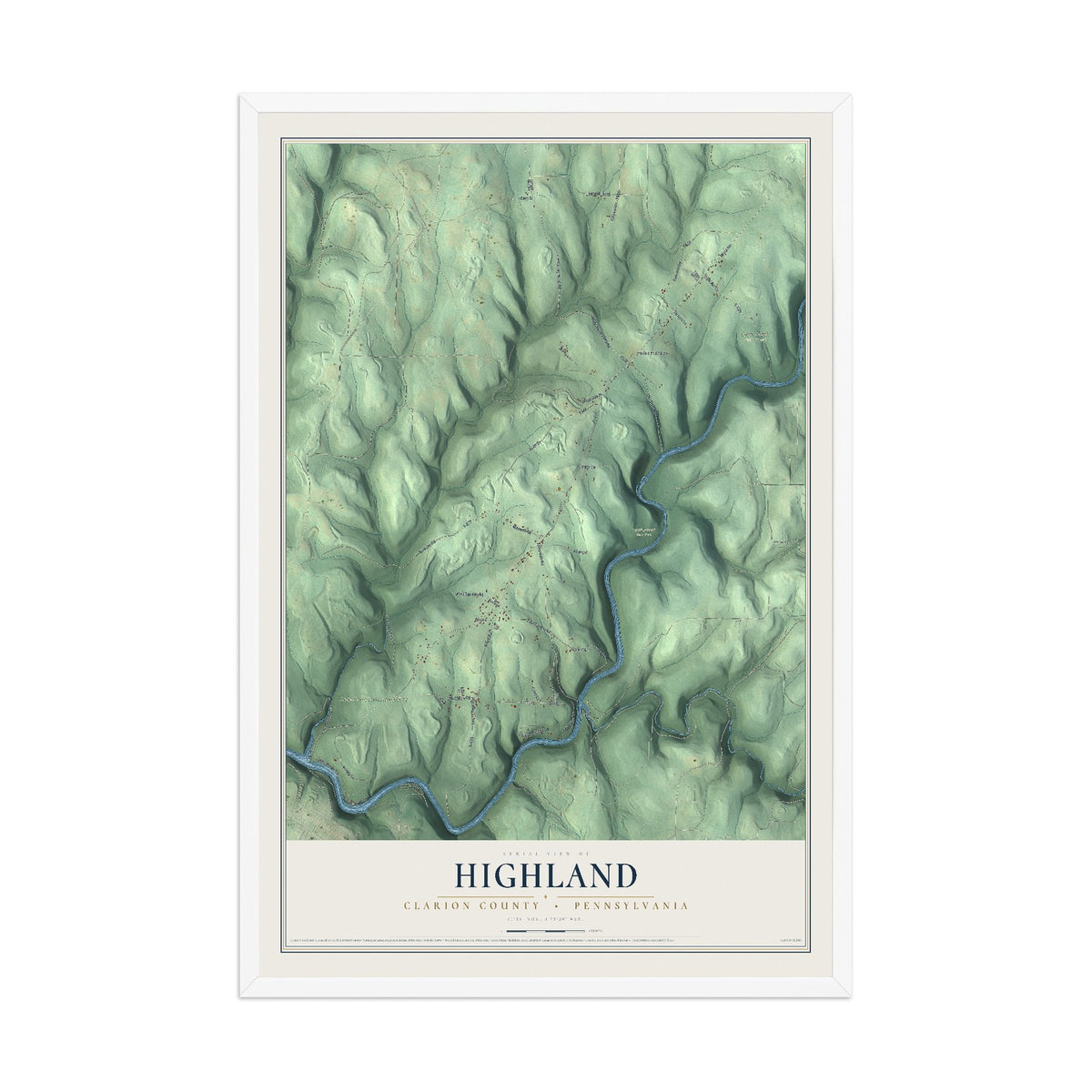 Map of Highland, Clarion County, Pennsylvania, 12 x 18 inch print in a white wood frame
