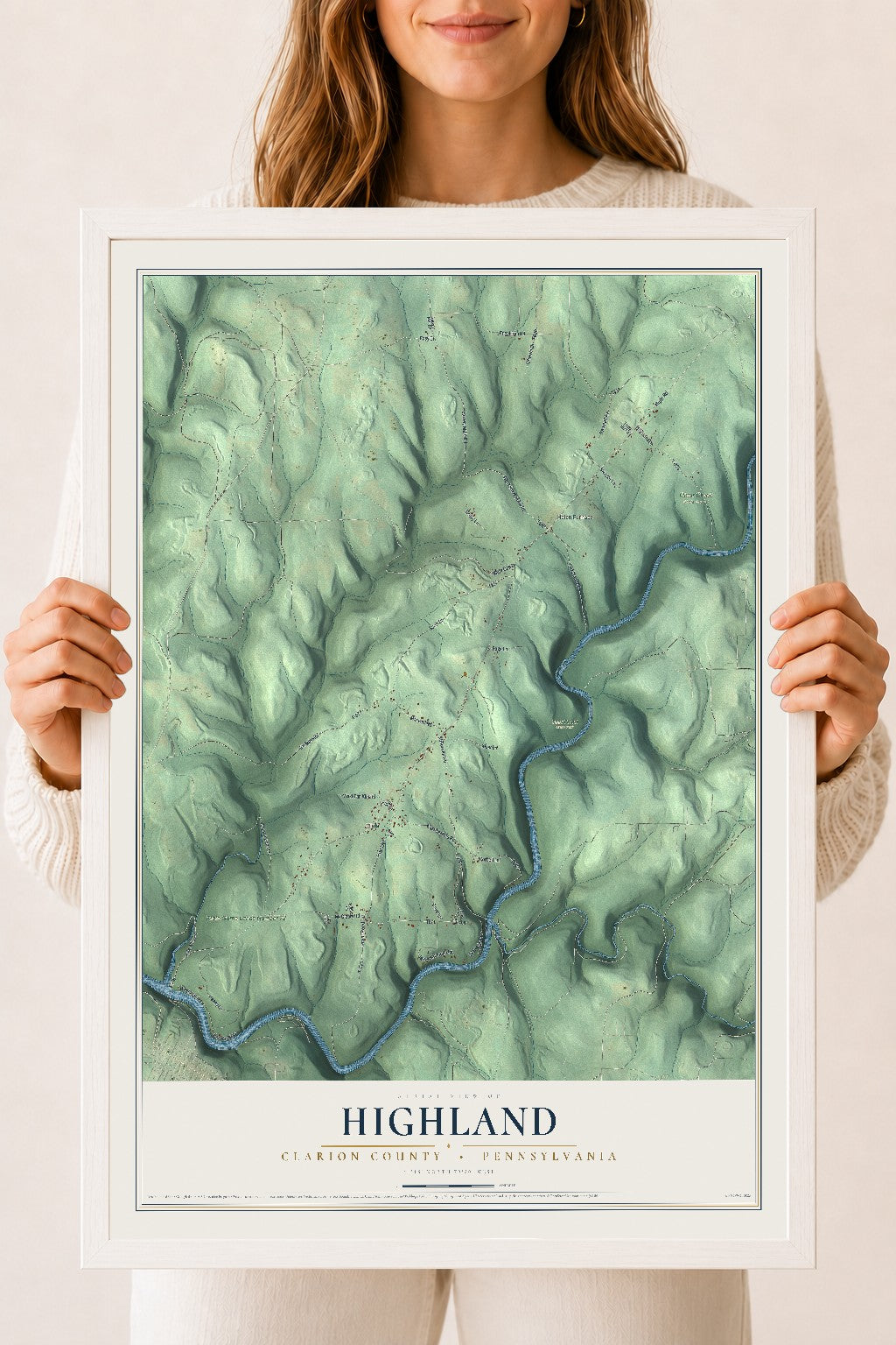 Map of Highland, Clarion County, Pennsylvania, 18 x 24 inch print in a white wood frame