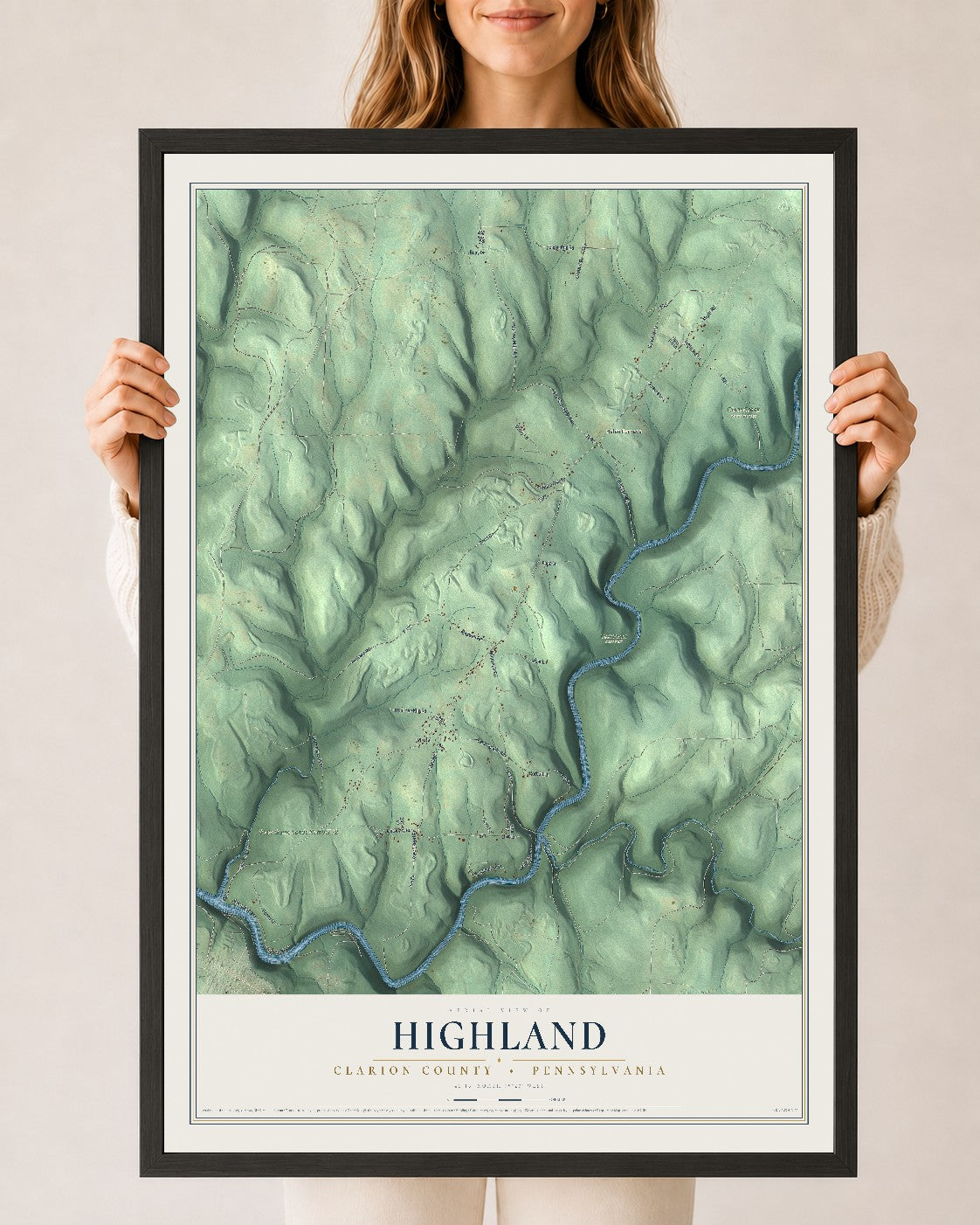 Map of Highland, Clarion County, Pennsylvania, 24 x 36 inch print in a black wood frame