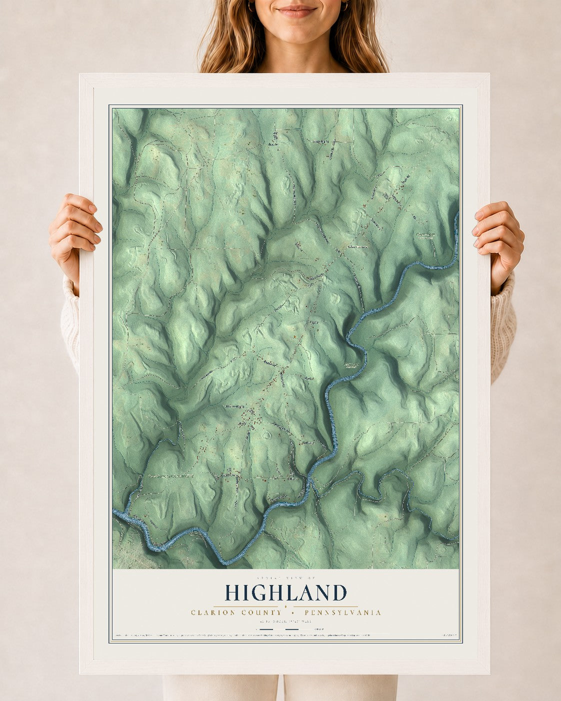 Map of Highland, Clarion County, Pennsylvania, 24 x 36 inch print in a white wood frame