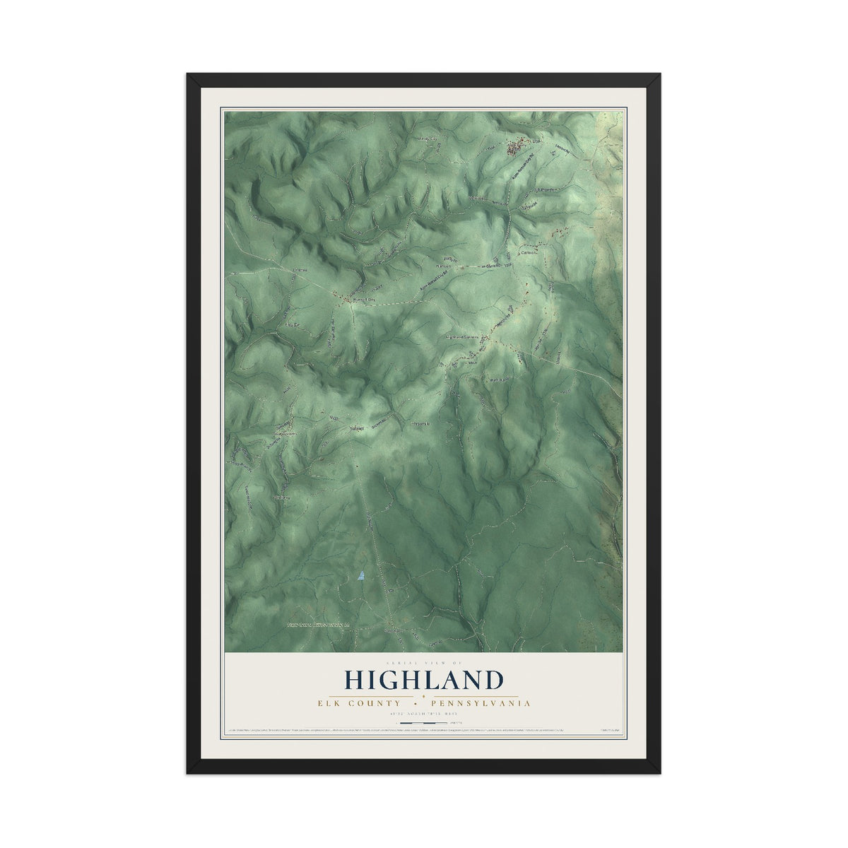 Map of Highland, Elk County, Pennsylvania, 12 x 18 inch print in a black wood frame