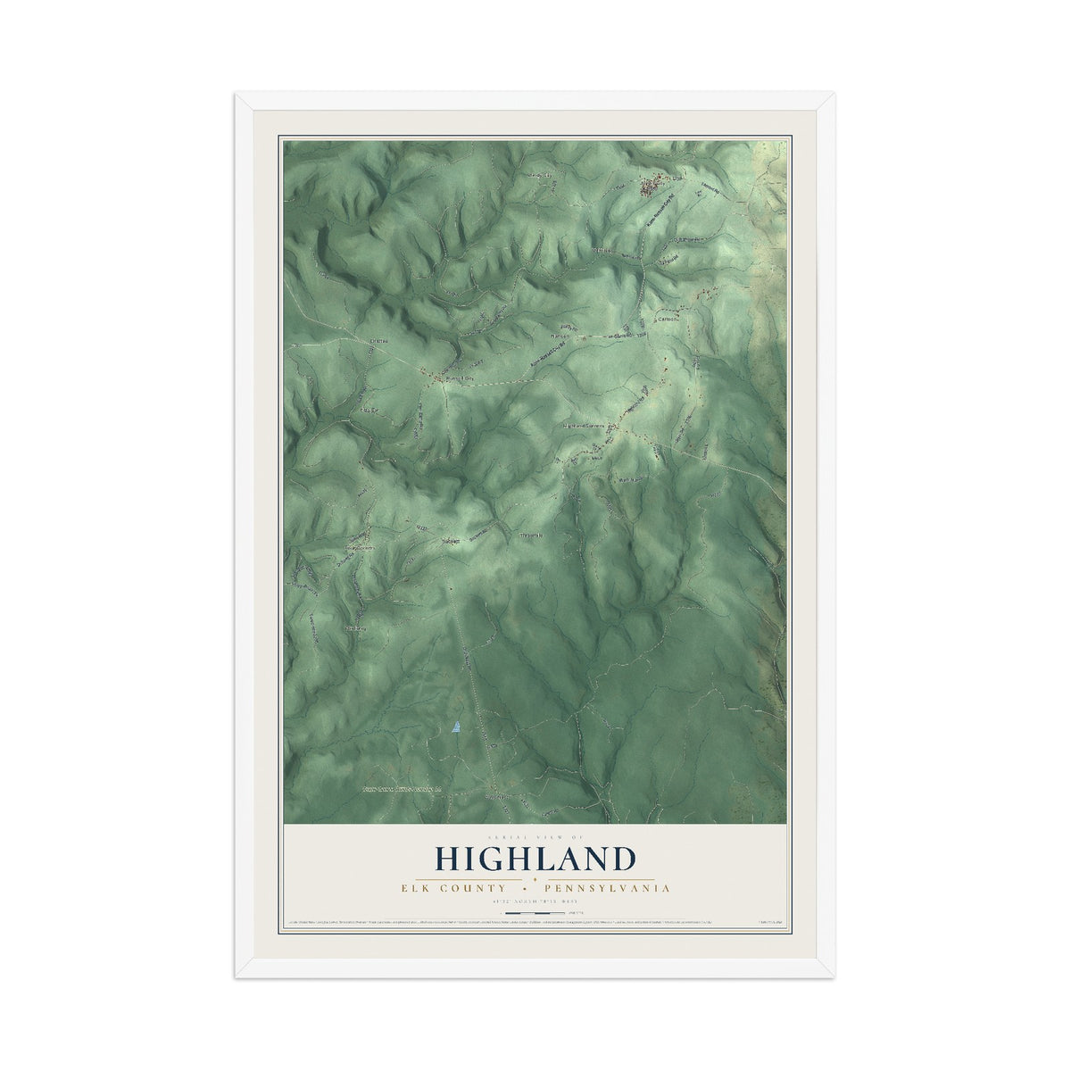 Map of Highland, Elk County, Pennsylvania, 12 x 18 inch print in a white wood frame