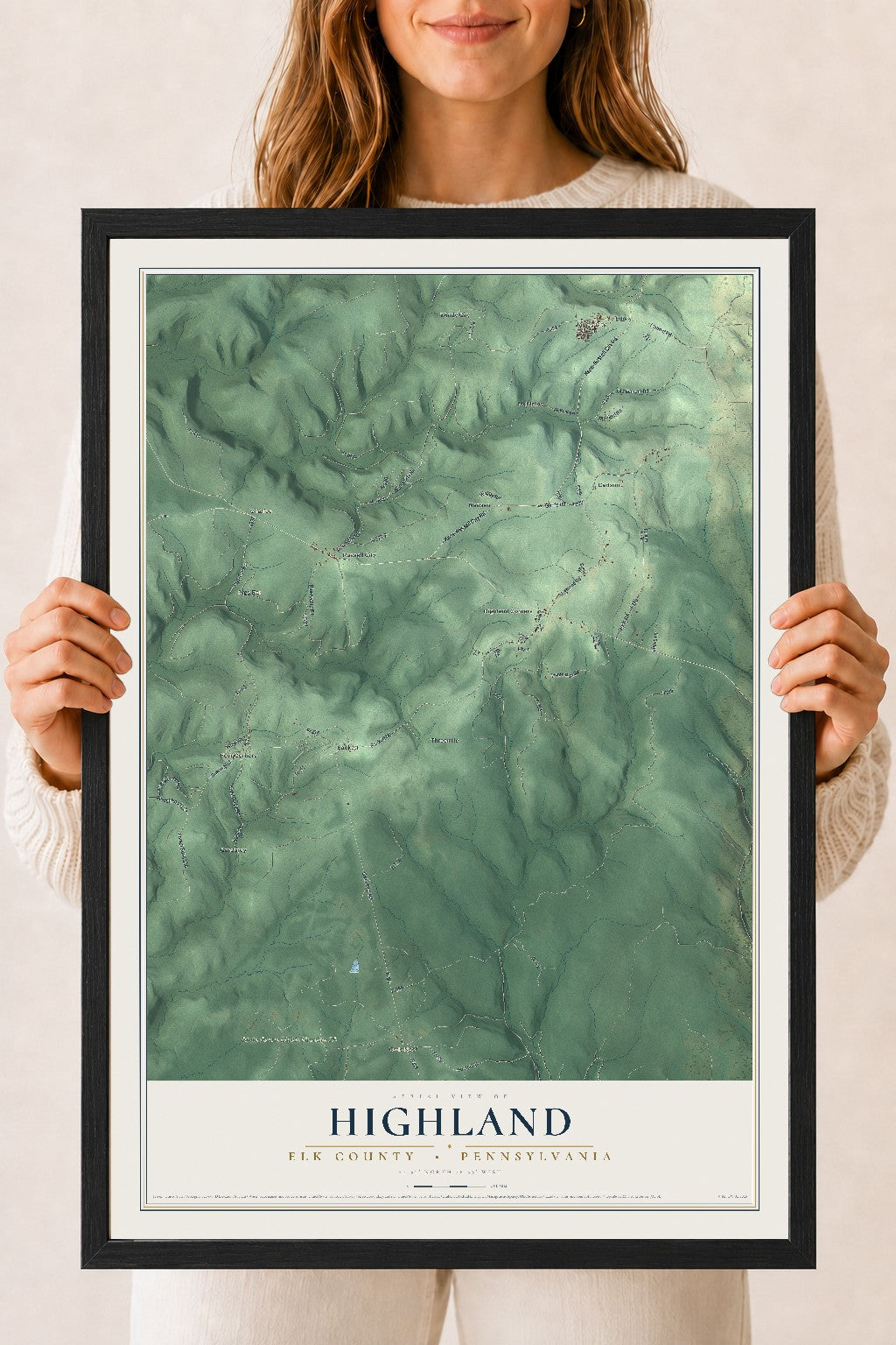 Map of Highland, Elk County, Pennsylvania, 18 x 24 inch print in a black wood frame