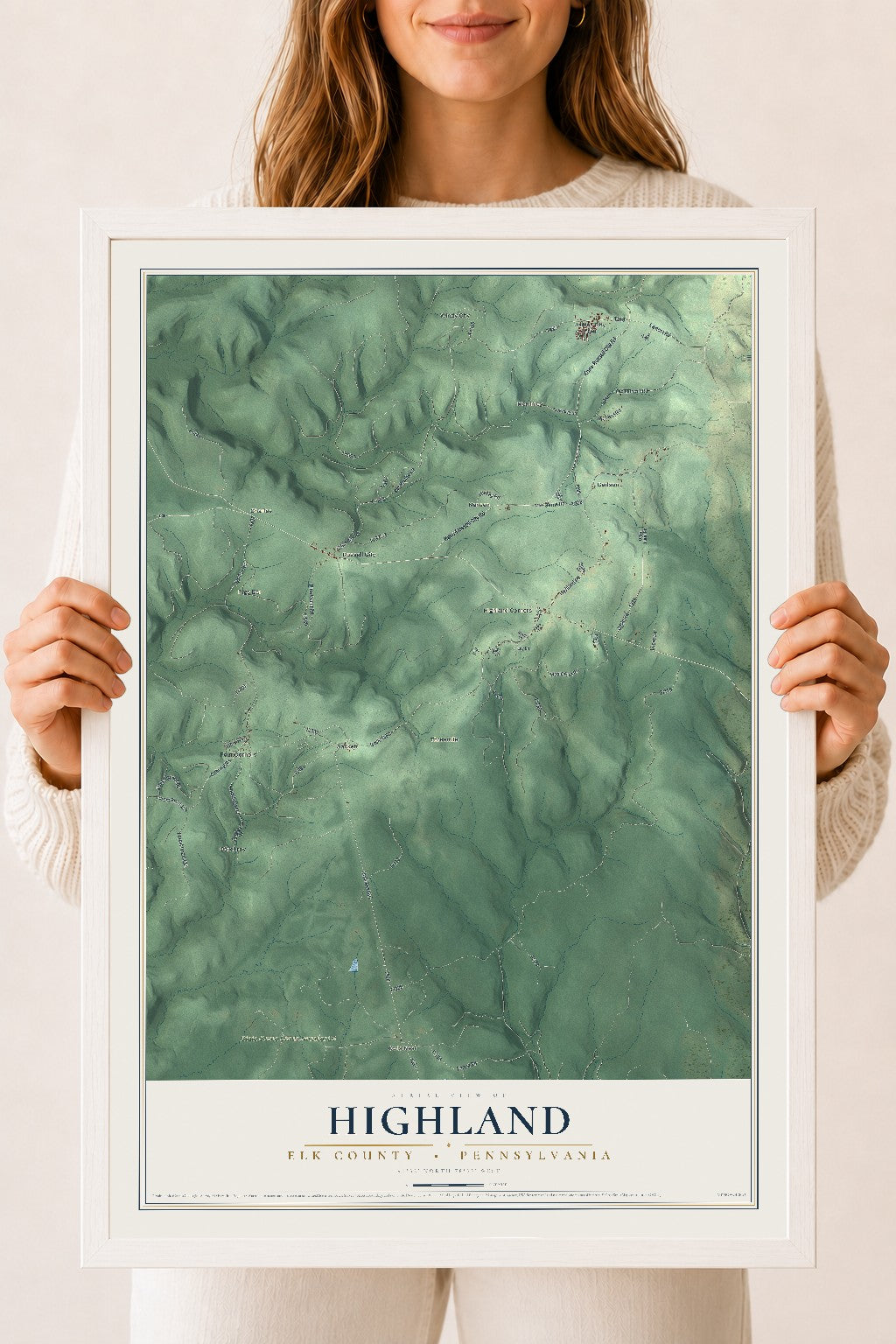 Map of Highland, Elk County, Pennsylvania, 18 x 24 inch print in a white wood frame