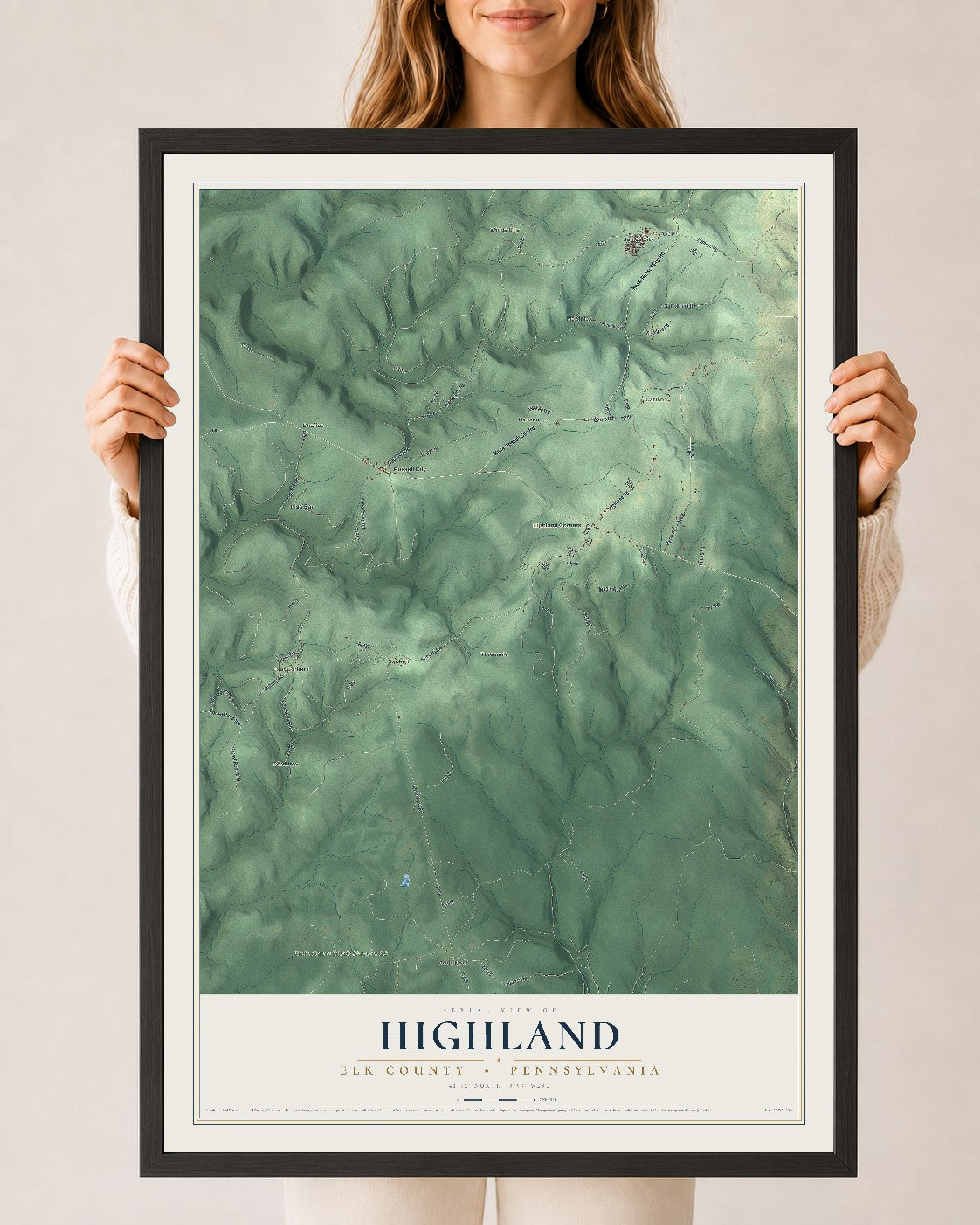 Map of Highland, Elk County, Pennsylvania, 24 x 36 inch print in a black wood frame