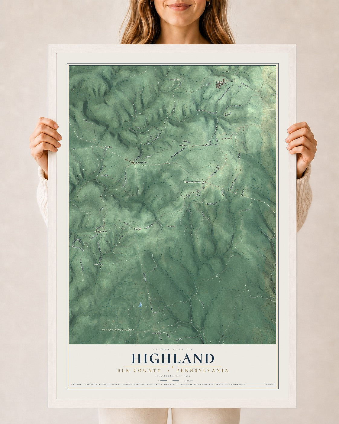 Map of Highland, Elk County, Pennsylvania, 24 x 36 inch print in a white wood frame