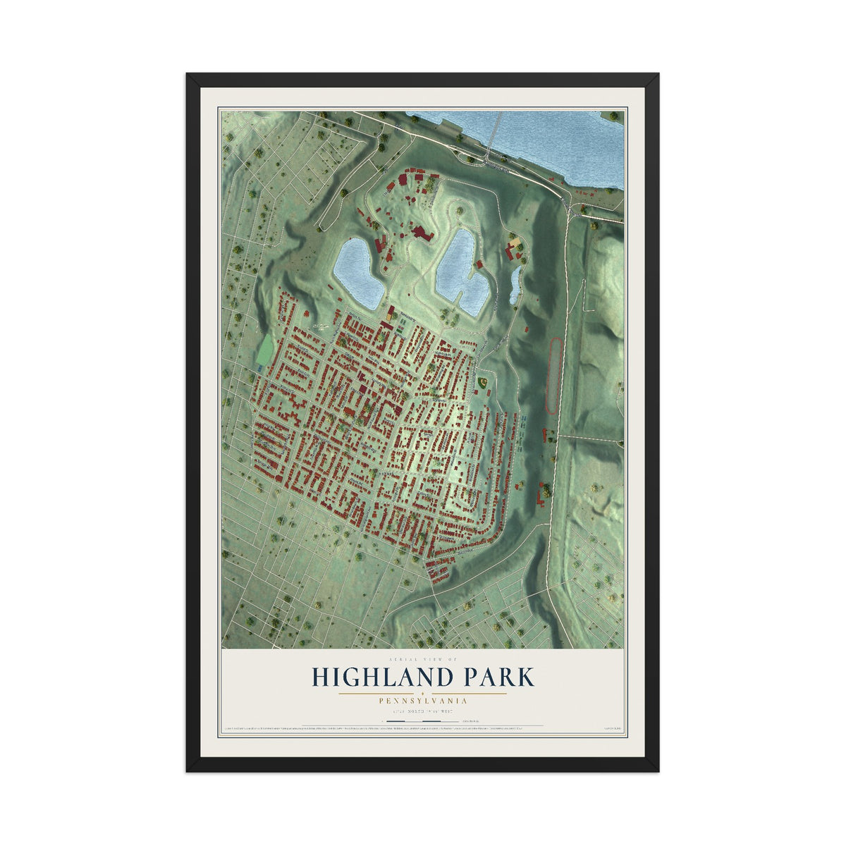 Map of Highland Park, Pennsylvania, 12 x 18 inch print in a black wood frame