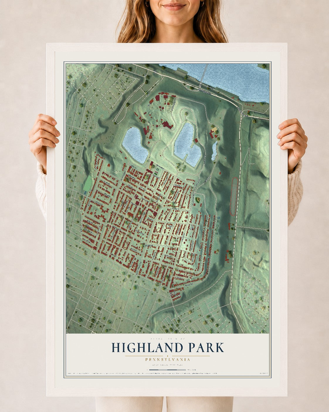 Map of Highland Park, Pennsylvania, 24 x 36 inch print in a white wood frame