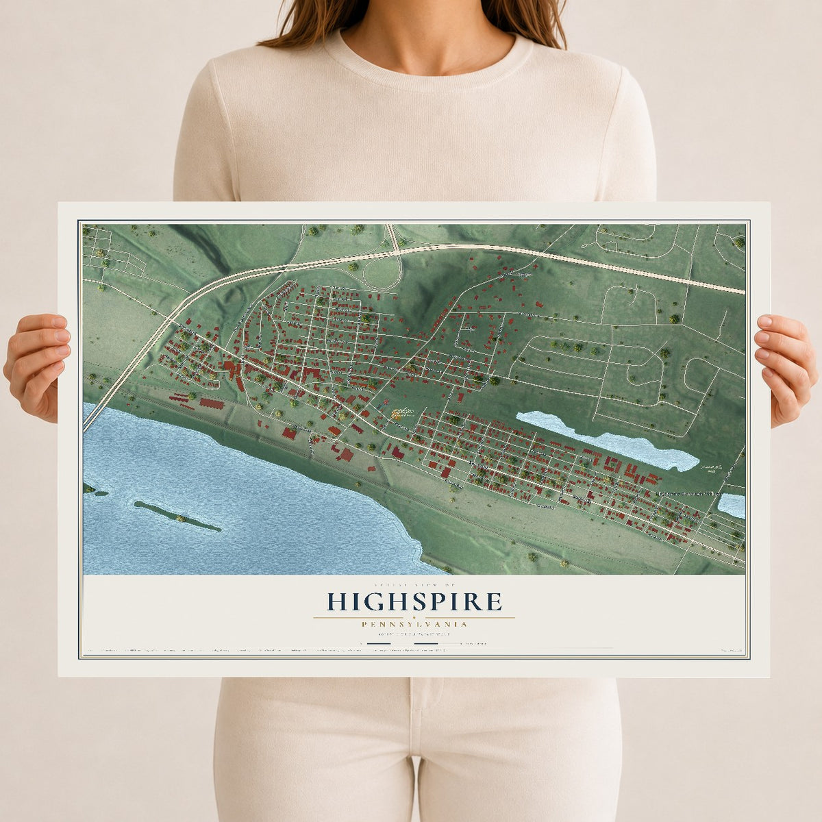Map of Highspire, Pennsylvania, 12 x 18 inch unframed archival matte print