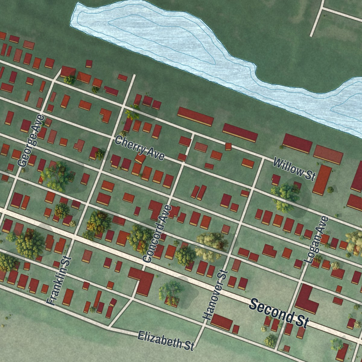Second close-up of the map of Highspire, Pennsylvania print showing more streets and buildings