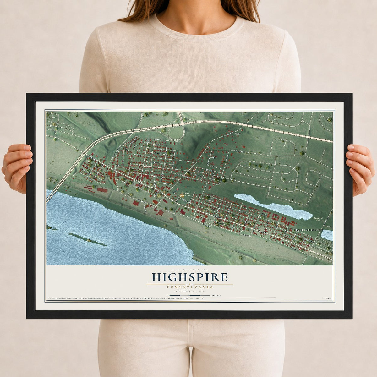 Map of Highspire, Pennsylvania, 12 x 18 inch print in a black wood frame