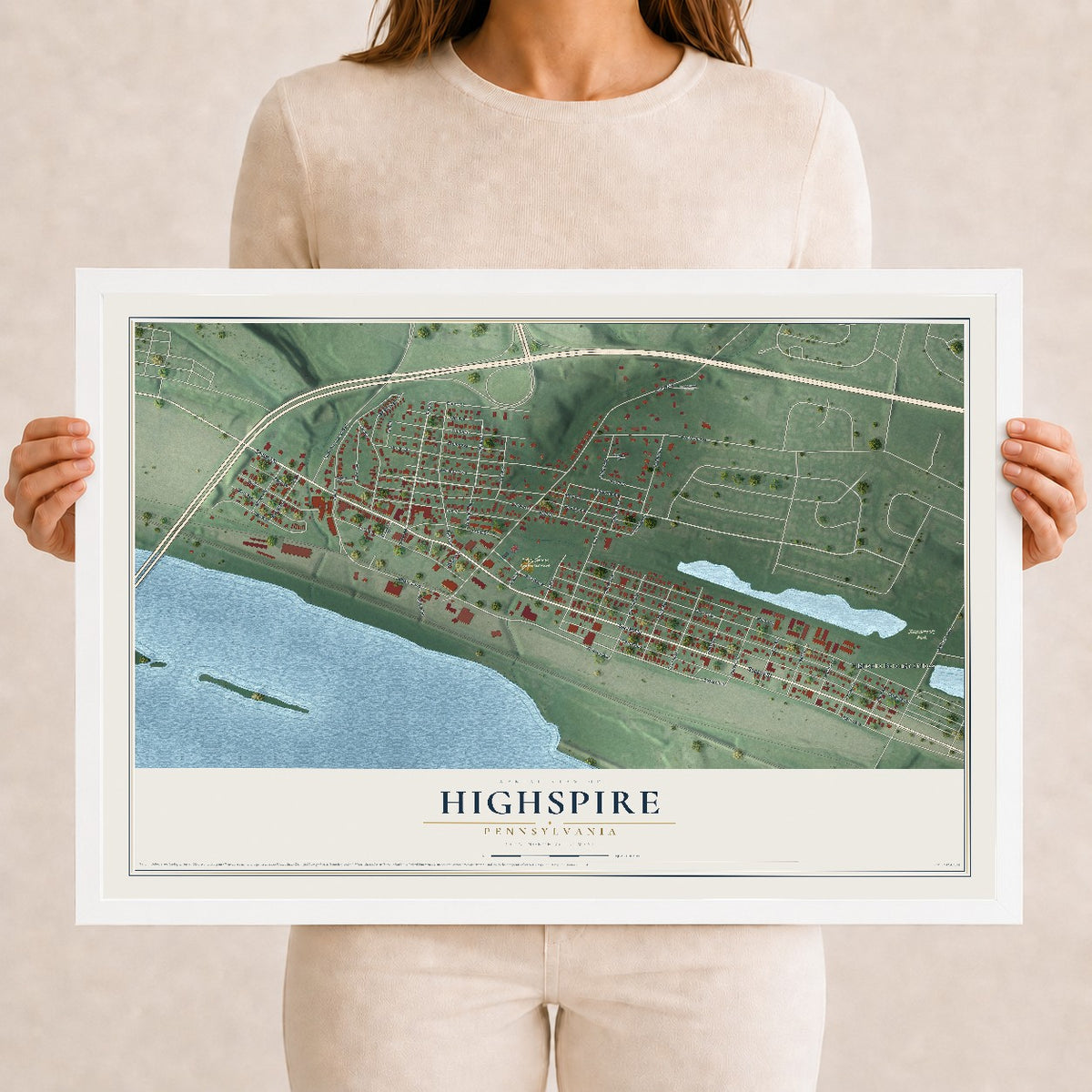 Map of Highspire, Pennsylvania, 12 x 18 inch print in a white wood frame