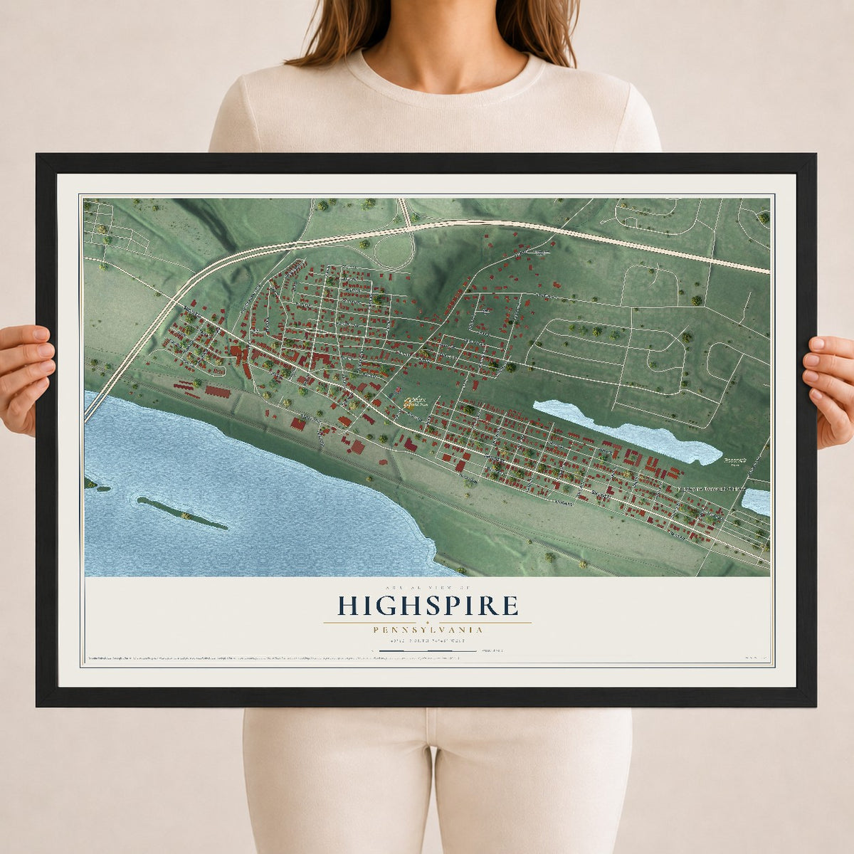 Map of Highspire, Pennsylvania, 18 x 24 inch print in a black wood frame
