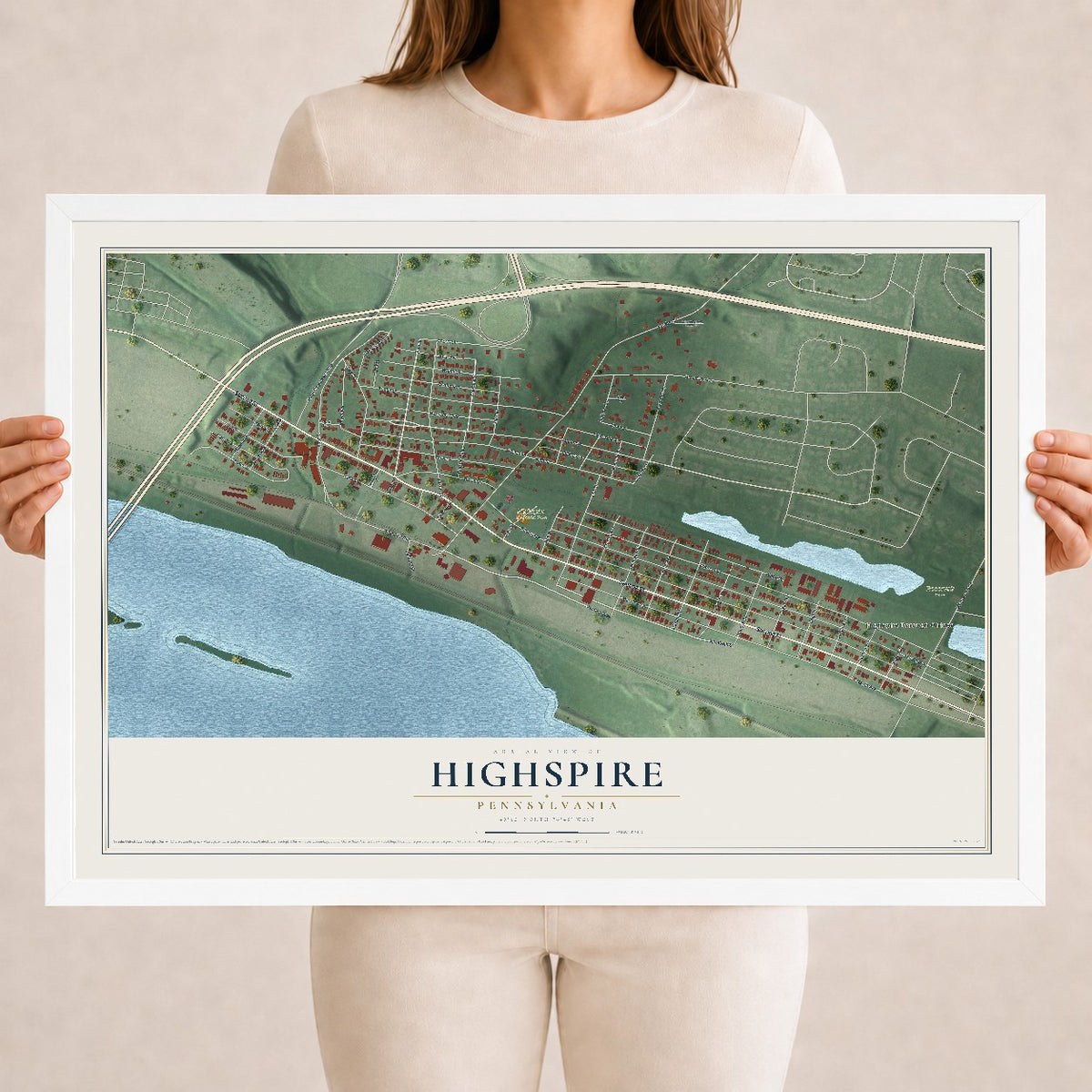 Map of Highspire, Pennsylvania, 18 x 24 inch print in a white wood frame