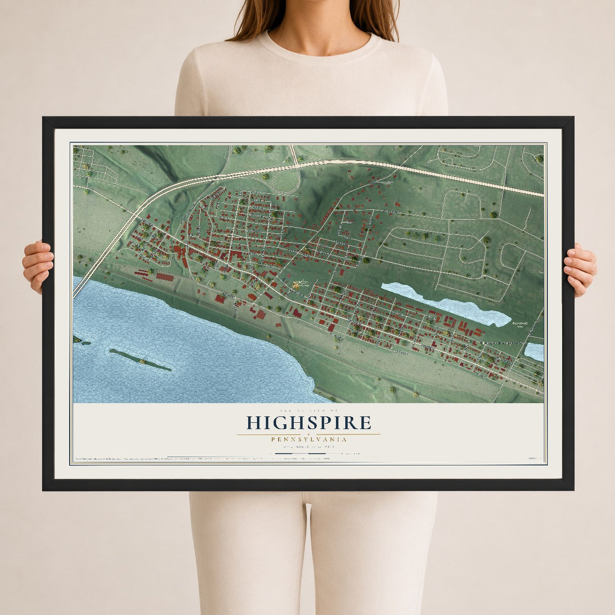 Map of Highspire, Pennsylvania, 24 x 36 inch print in a black wood frame