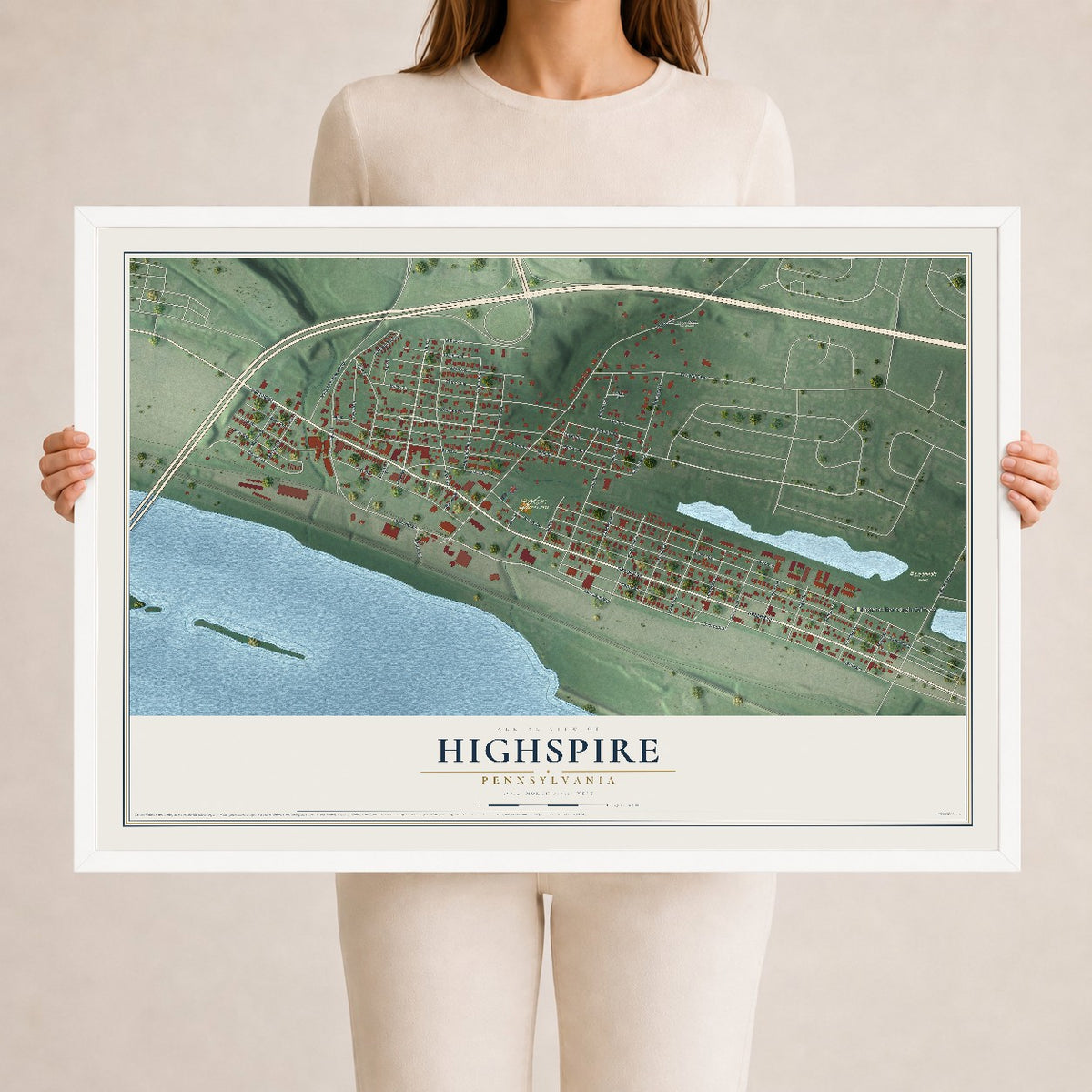 Map of Highspire, Pennsylvania, 24 x 36 inch print in a white wood frame