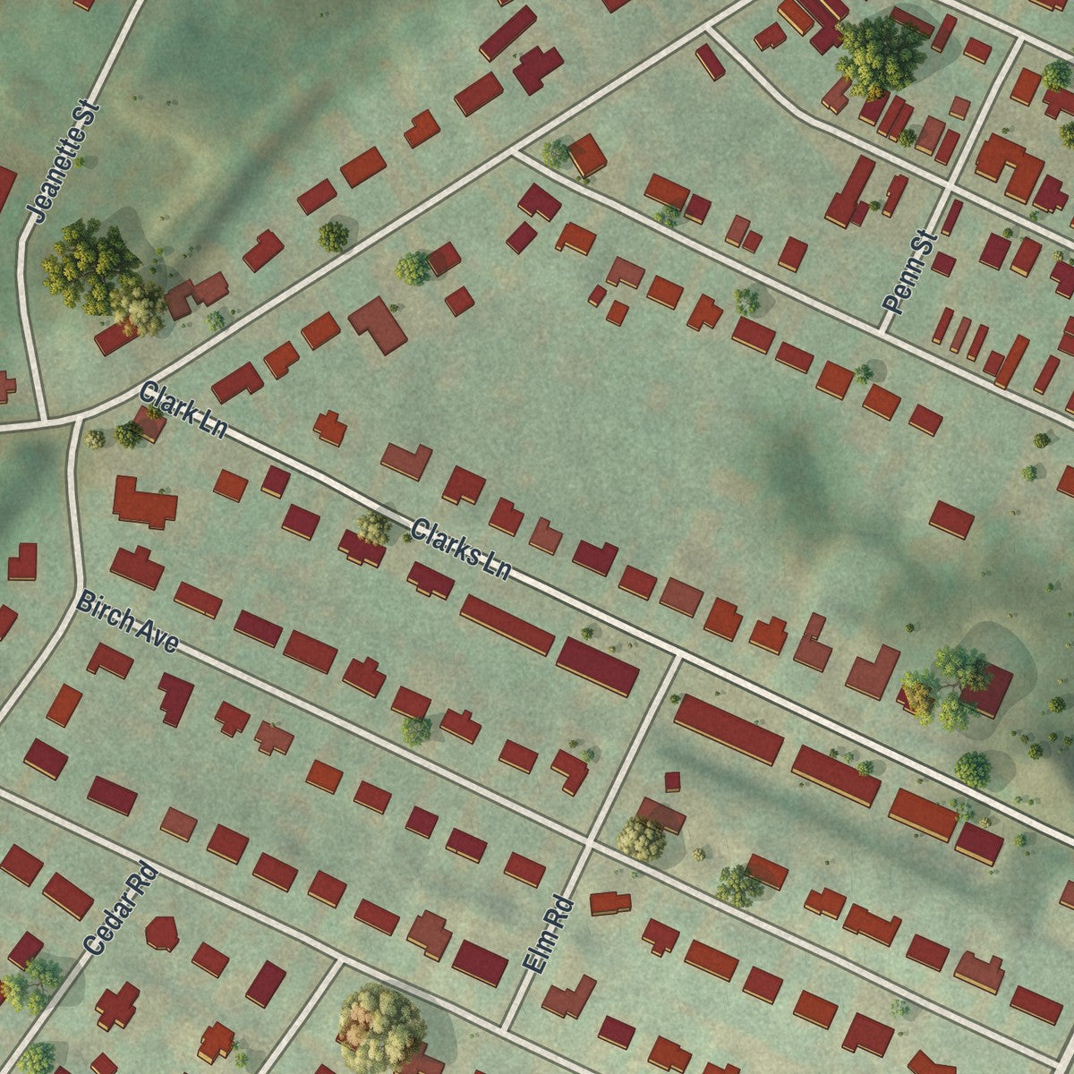 Close-up of the map of Hilldale, Pennsylvania print showing street and building detail