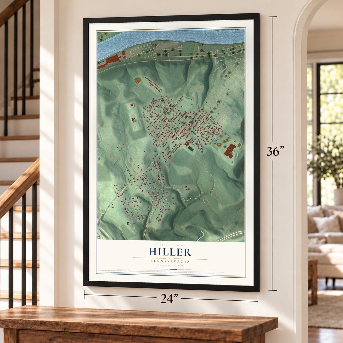 Hiller, Pennsylvania map, 24 x 36 inch print in a black frame by a staircase