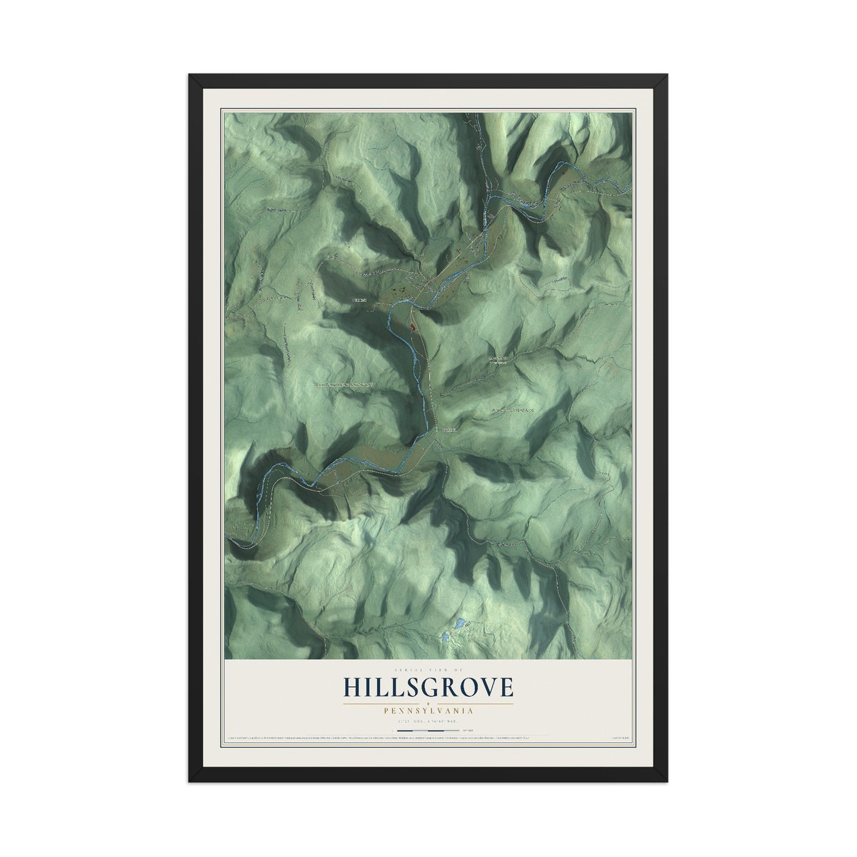 Map of Hillsgrove, Pennsylvania, 12 x 18 inch print in a black wood frame