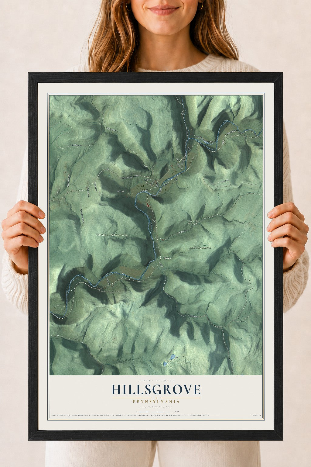Map of Hillsgrove, Pennsylvania, 18 x 24 inch print in a black wood frame