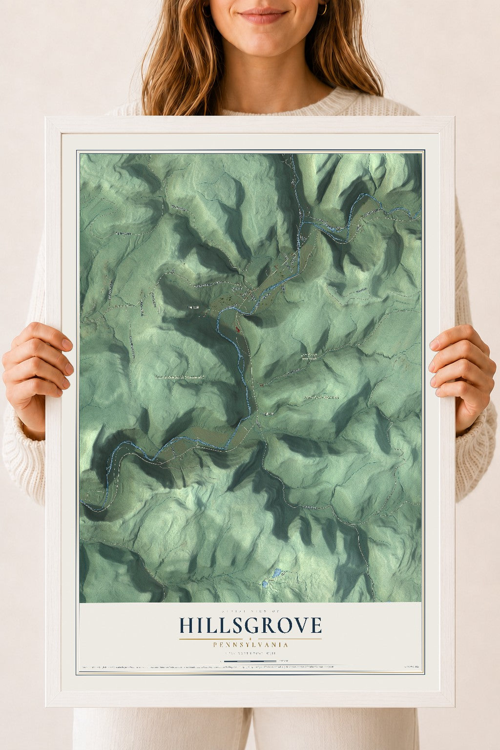 Map of Hillsgrove, Pennsylvania, 18 x 24 inch print in a white wood frame