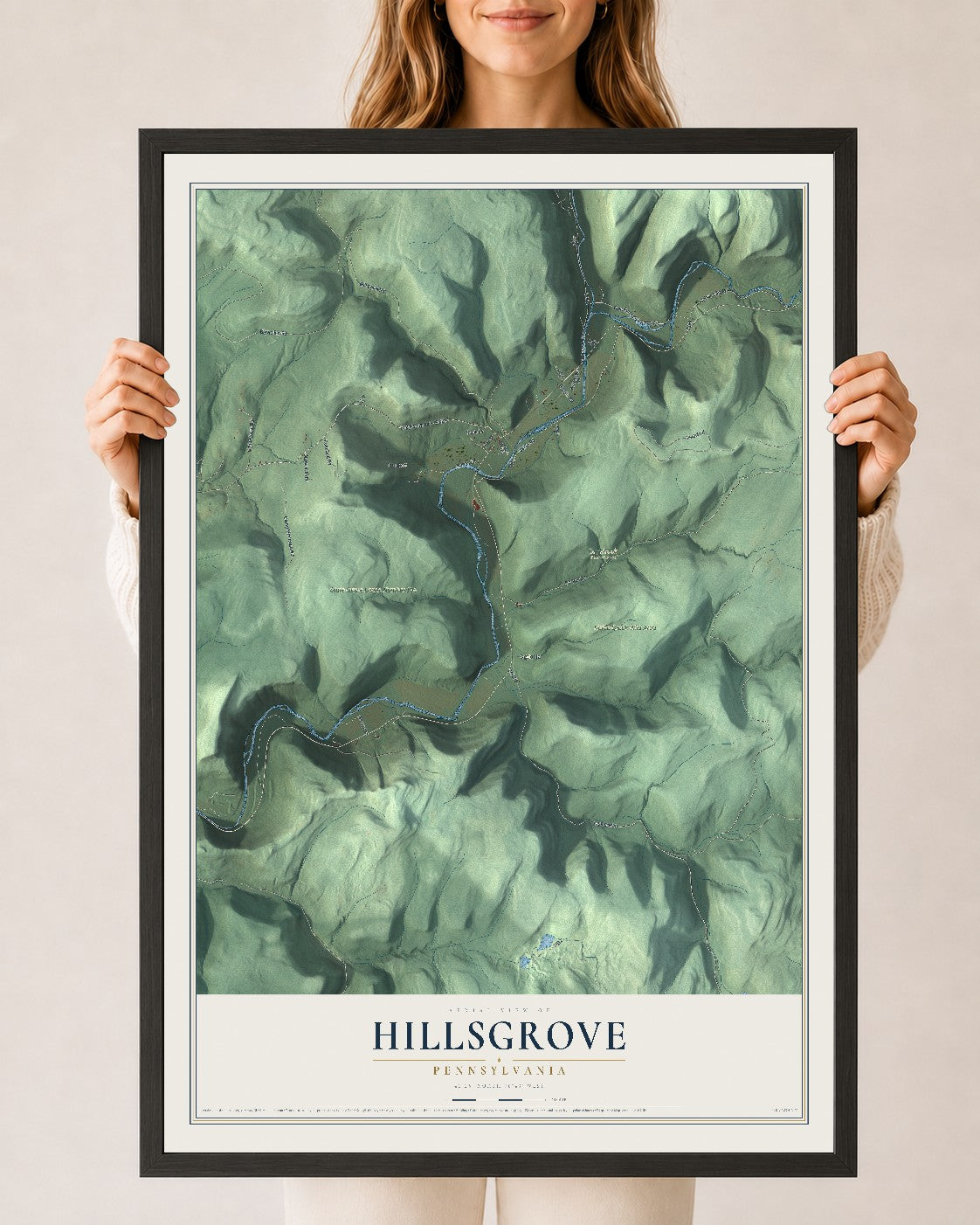 Map of Hillsgrove, Pennsylvania, 24 x 36 inch print in a black wood frame