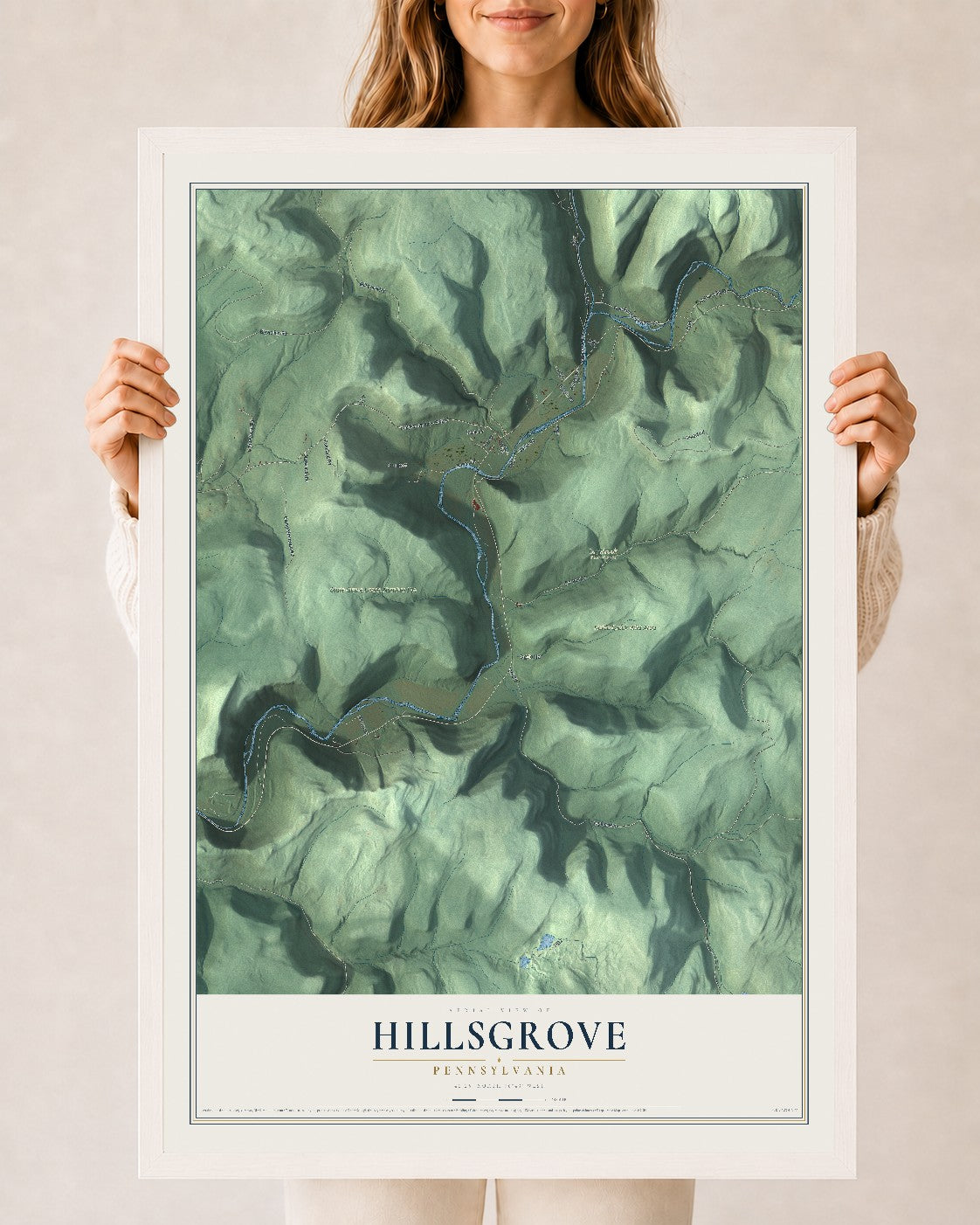 Map of Hillsgrove, Pennsylvania, 24 x 36 inch print in a white wood frame