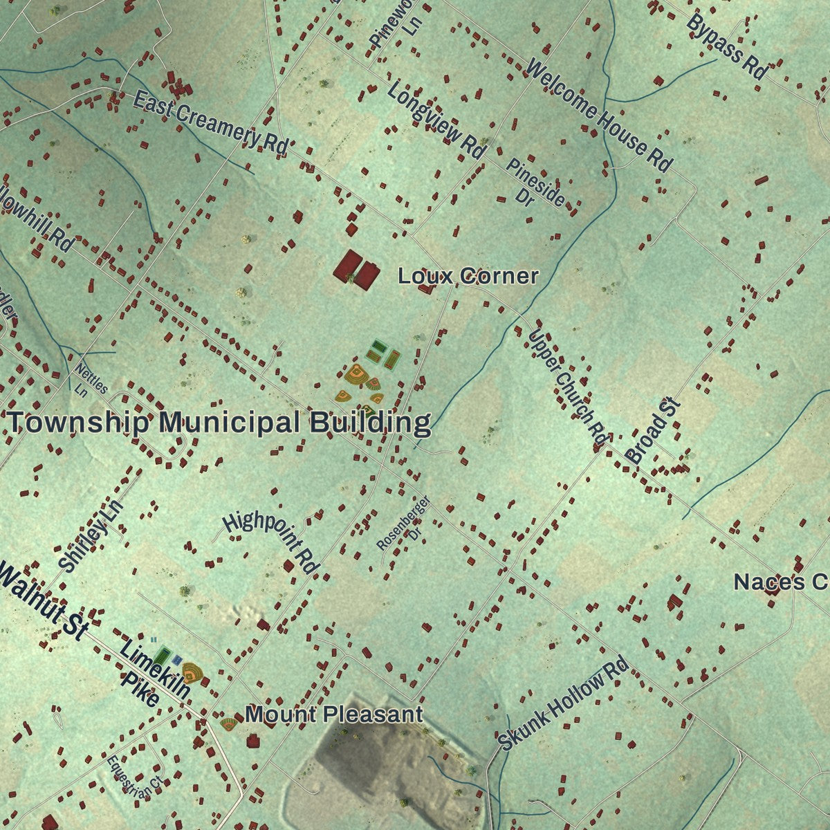 Close-up of the map of Hilltown, Pennsylvania print showing street and building detail