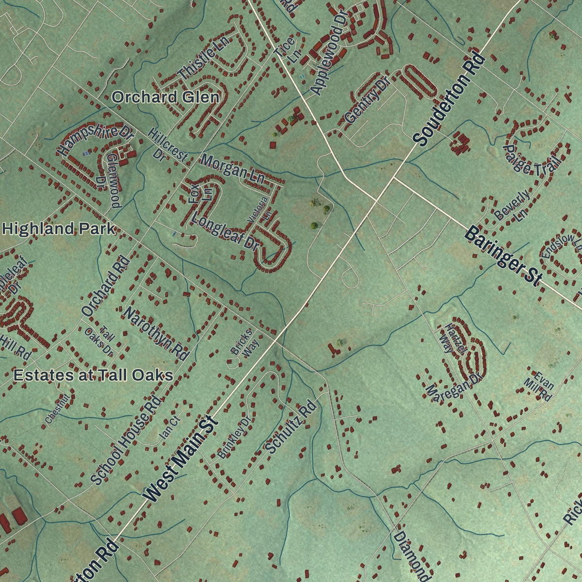 Second close-up of the map of Hilltown, Pennsylvania print showing more streets and buildings
