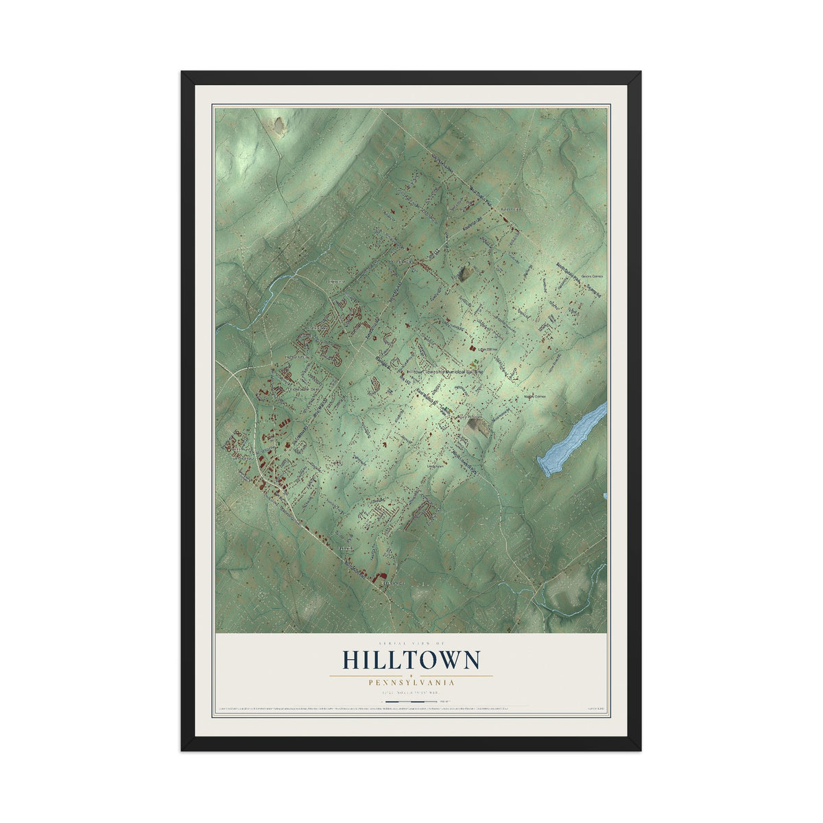 Map of Hilltown, Pennsylvania, 12 x 18 inch print in a black wood frame