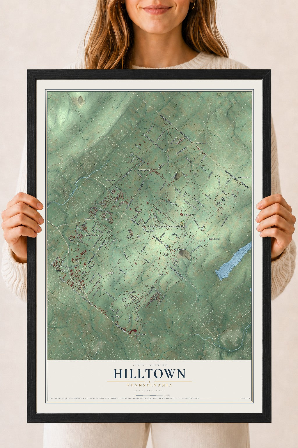 Map of Hilltown, Pennsylvania, 18 x 24 inch print in a black wood frame