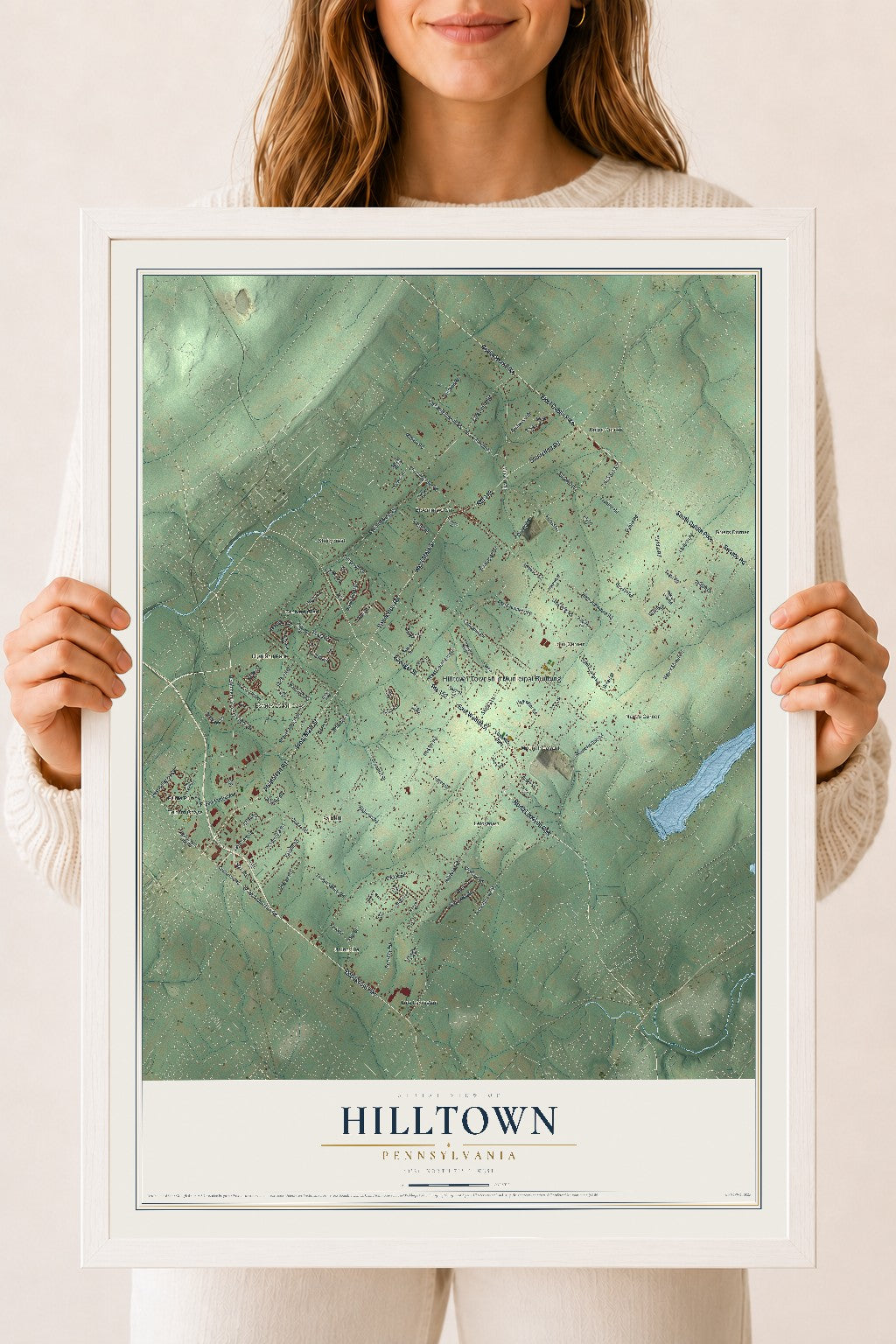 Map of Hilltown, Pennsylvania, 18 x 24 inch print in a white wood frame