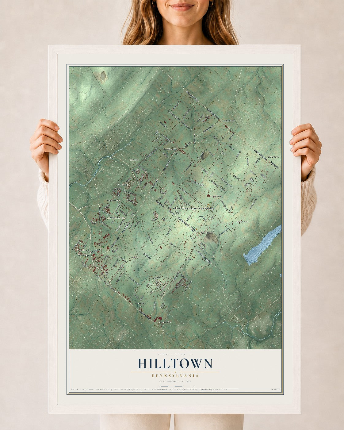 Map of Hilltown, Pennsylvania, 24 x 36 inch print in a white wood frame