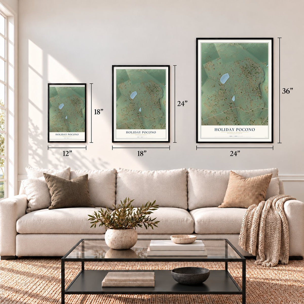 Holiday Pocono, Pennsylvania map in 12 x 18, 18 x 24 and 24 x 36 inch sizes above a sofa
