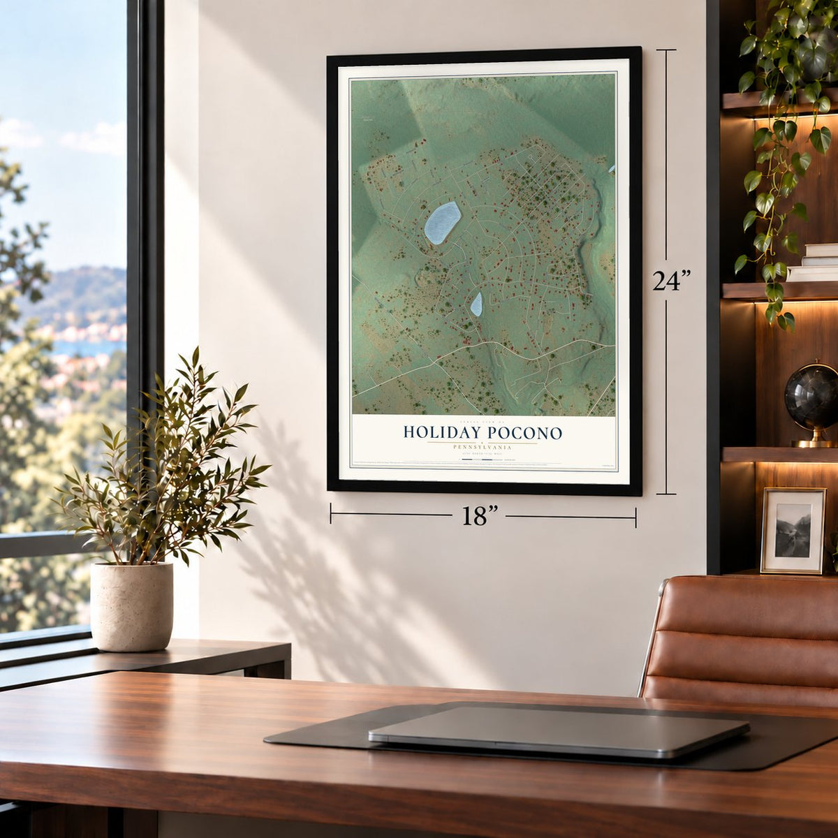 Holiday Pocono, Pennsylvania map, 18 x 24 inch print in a black frame in a home office