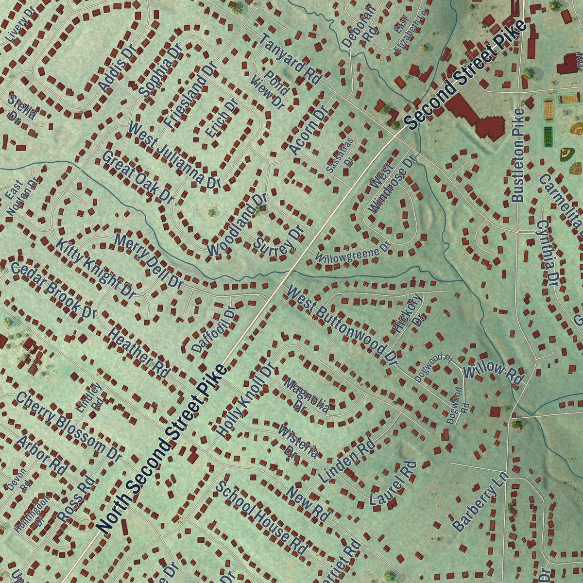 Close-up of the map of Holland, Pennsylvania print showing street and building detail