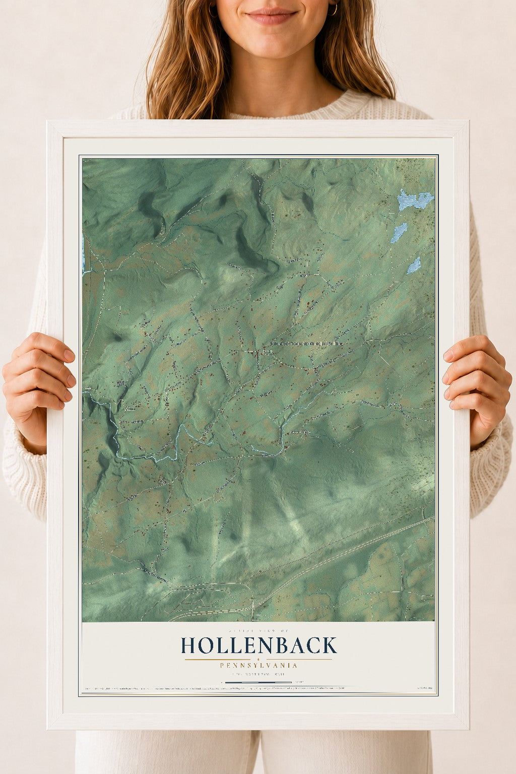 Map of Hollenback, Pennsylvania, 18 x 24 inch print in a white wood frame